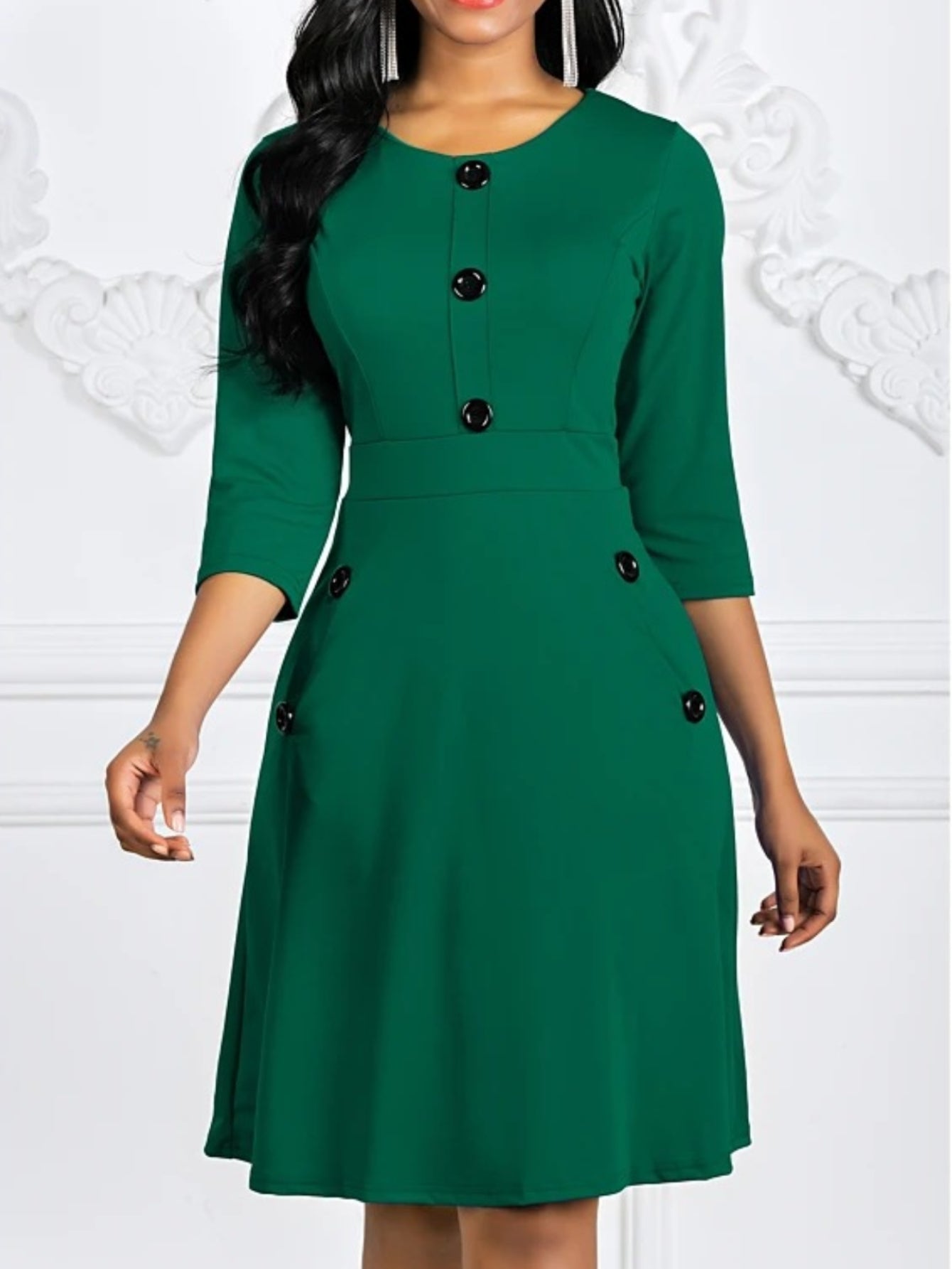 Solid Button Crew Neck Half Sleeve High Waist Dress, Elegant Ruffled Hem Slim Midi Dress