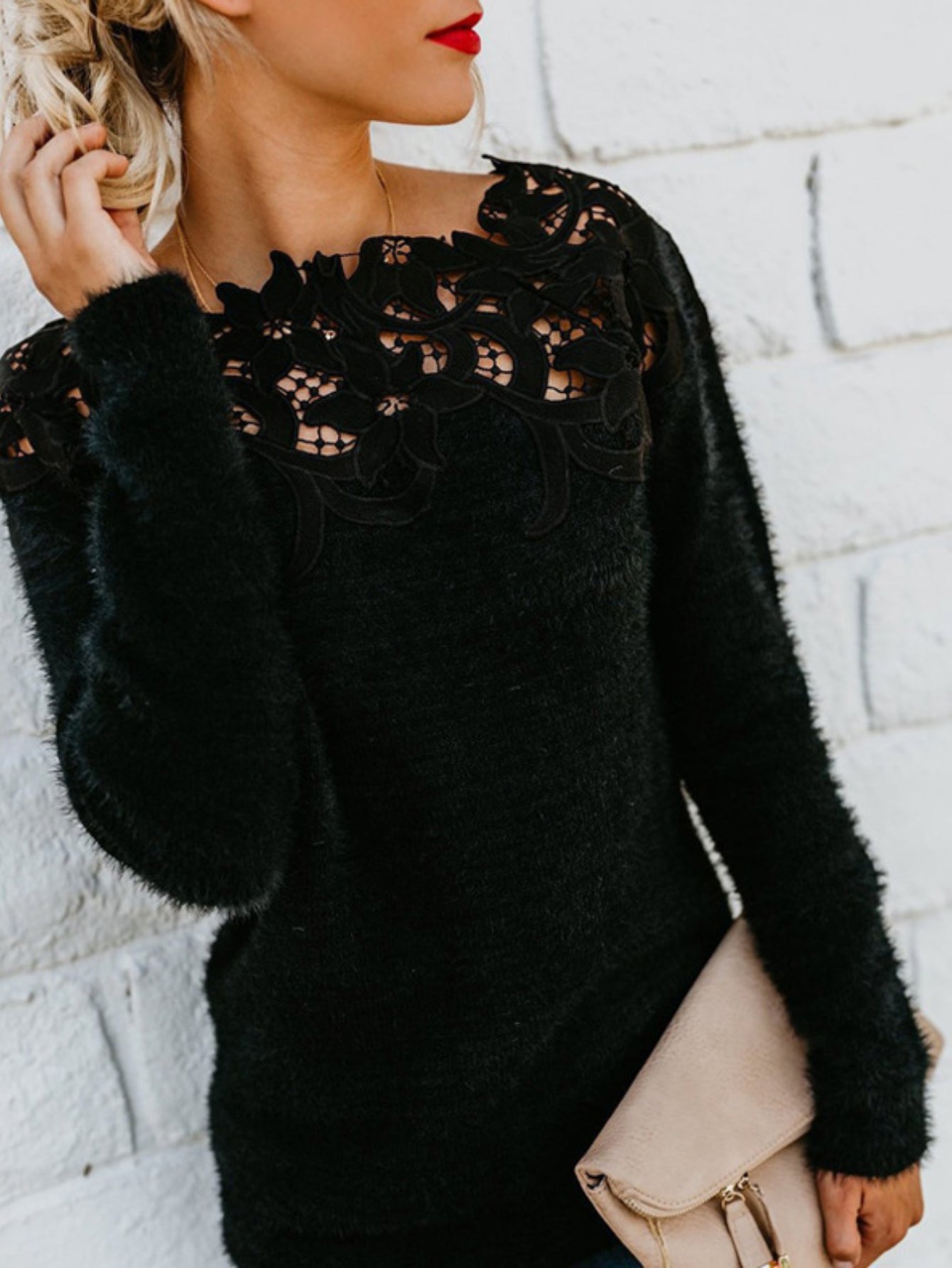 Lace Plain Casual Long Sleeve V Neck Sweater