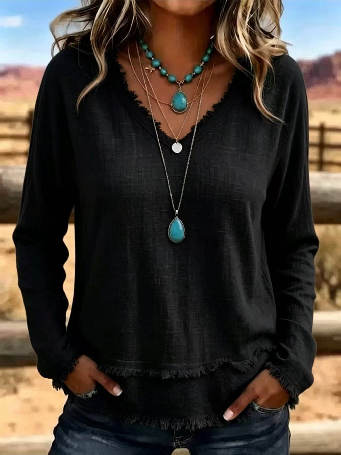 Solid Color Loose V Neck Beard Edge Long Sleeve T-shirt