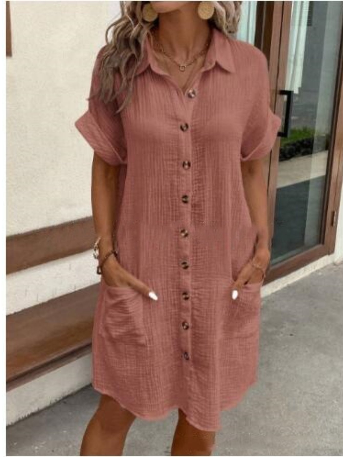 Women's summer new casual solid color single breasted medium long short sleeve loose casual dress