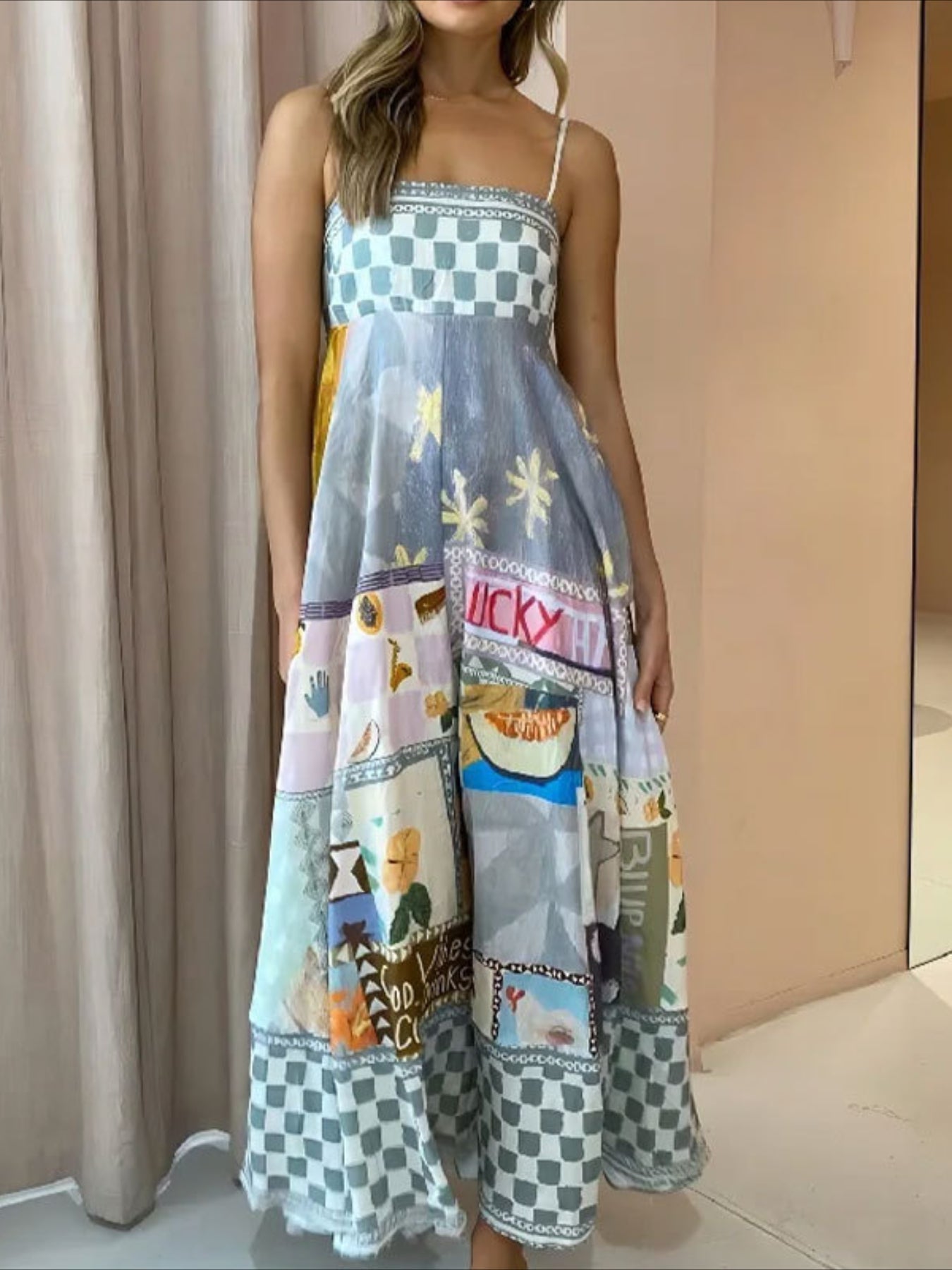 Cartoon Drawstring Print Shirred Cami Dress, Elegant Sleeveless Spaghetti Strap Dress