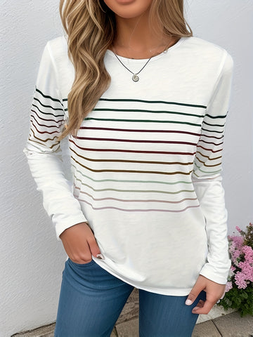 Women's Stripe Print Long Sleeve Round Neck Slight Stretch T-shirt