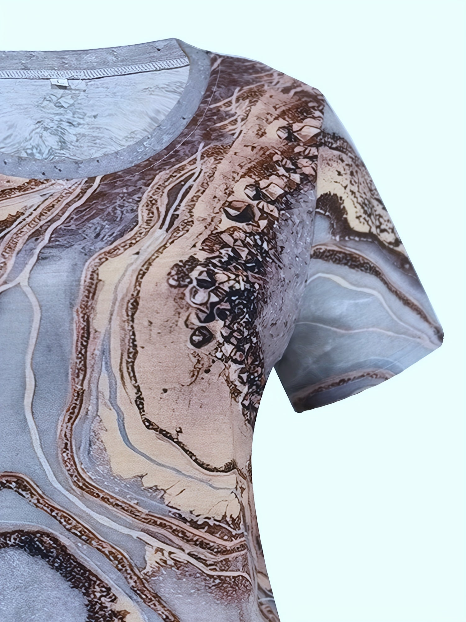 Marble Print Crew Neck T-shirt, Casual Short Sleeve Summer Mid Length T-shirt