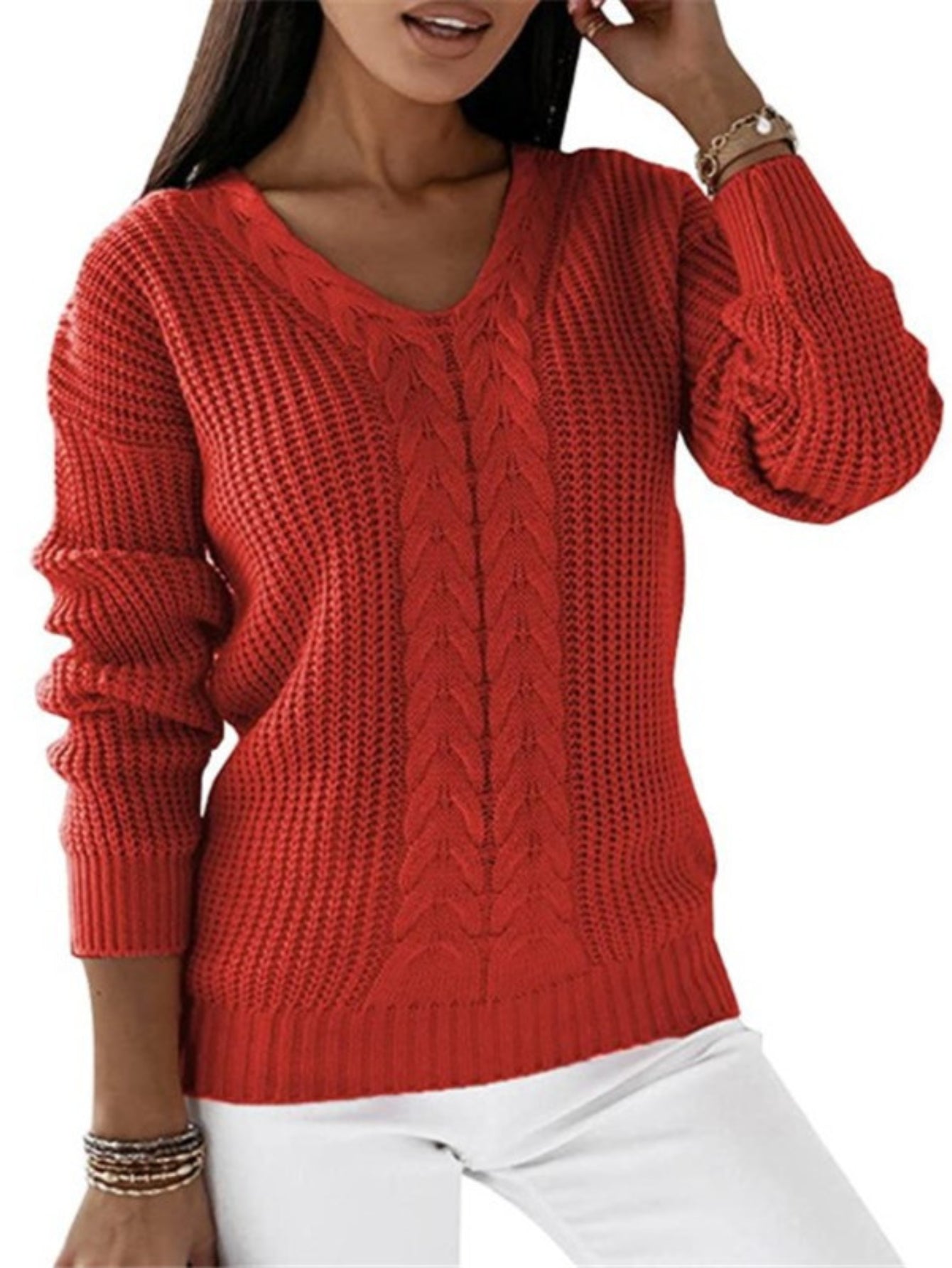 Cable Knit V Neck Sweater, Casual Long Sleeve Sweater