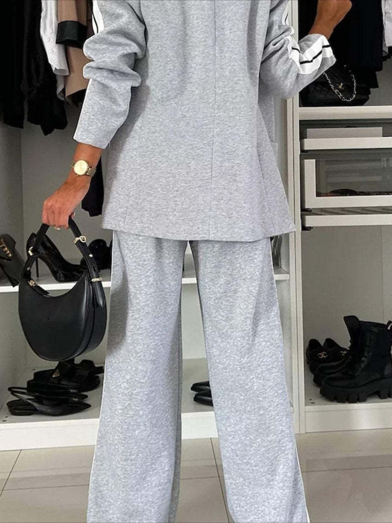 Contrast Lapel Collar Top and Pants Set