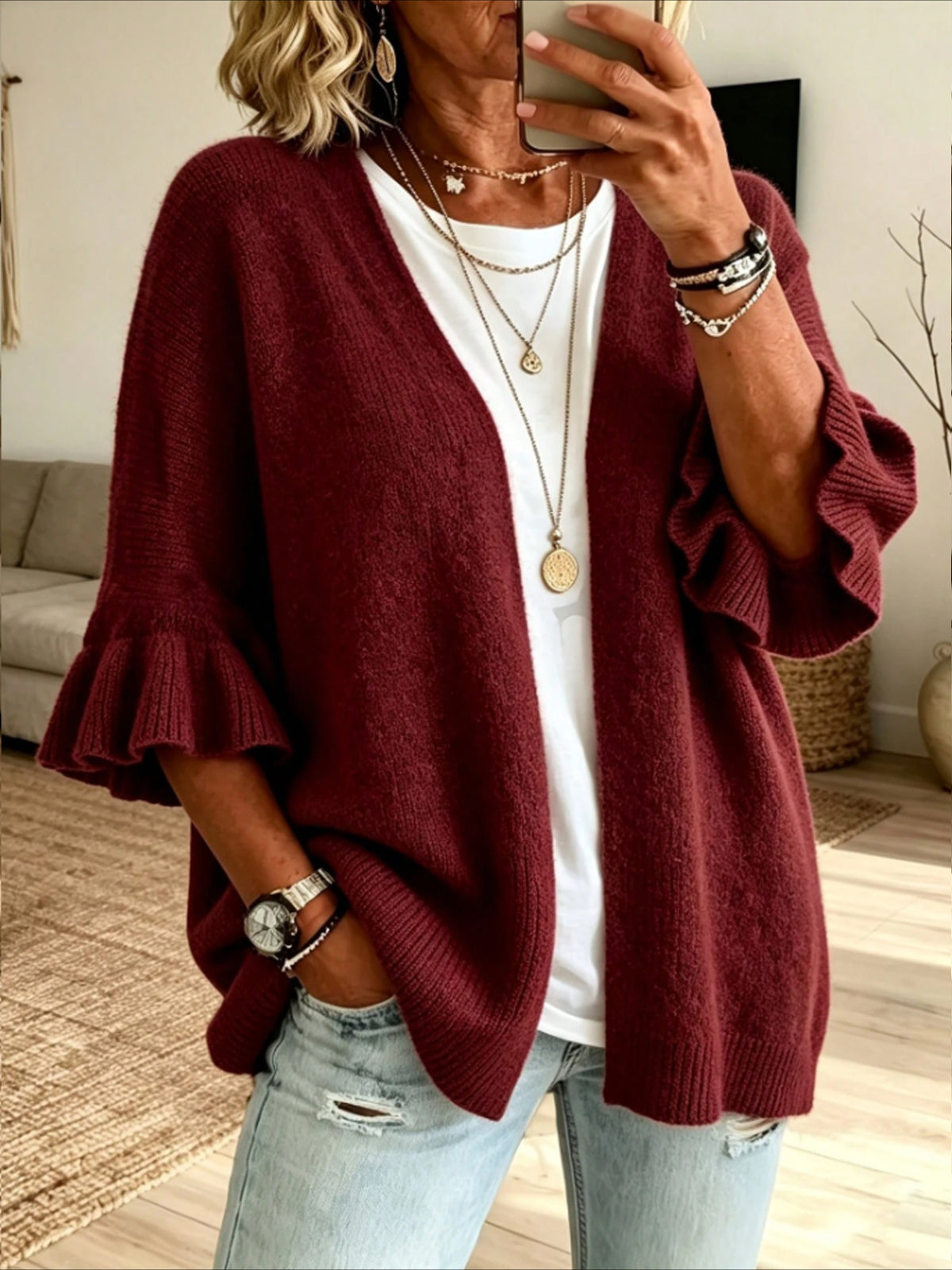 Open Front Ruffle Sleeve Knit Cardigan