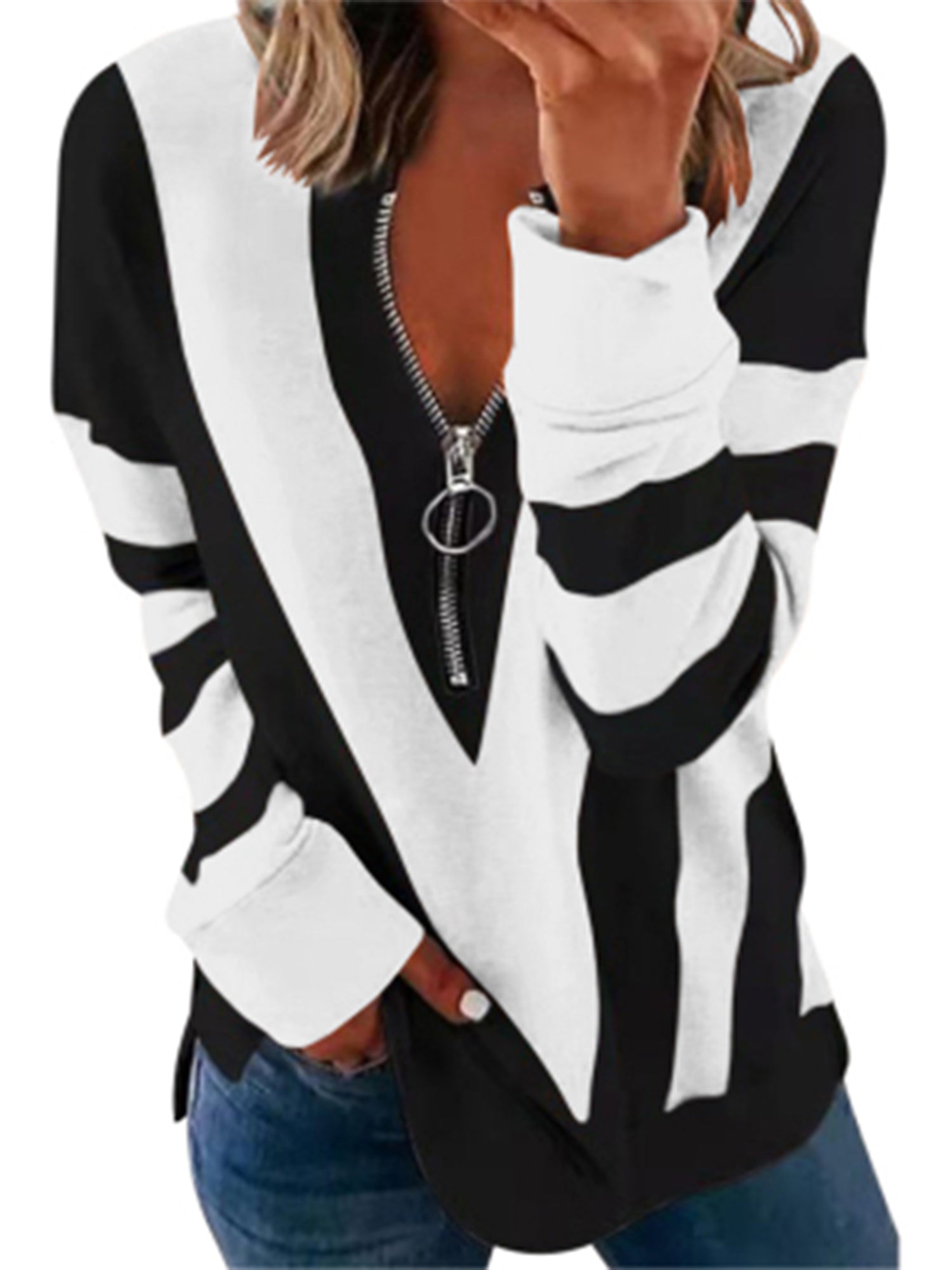 Women's T-shirt Colorblock Long Sleeves Zipper Loose T-Shirt