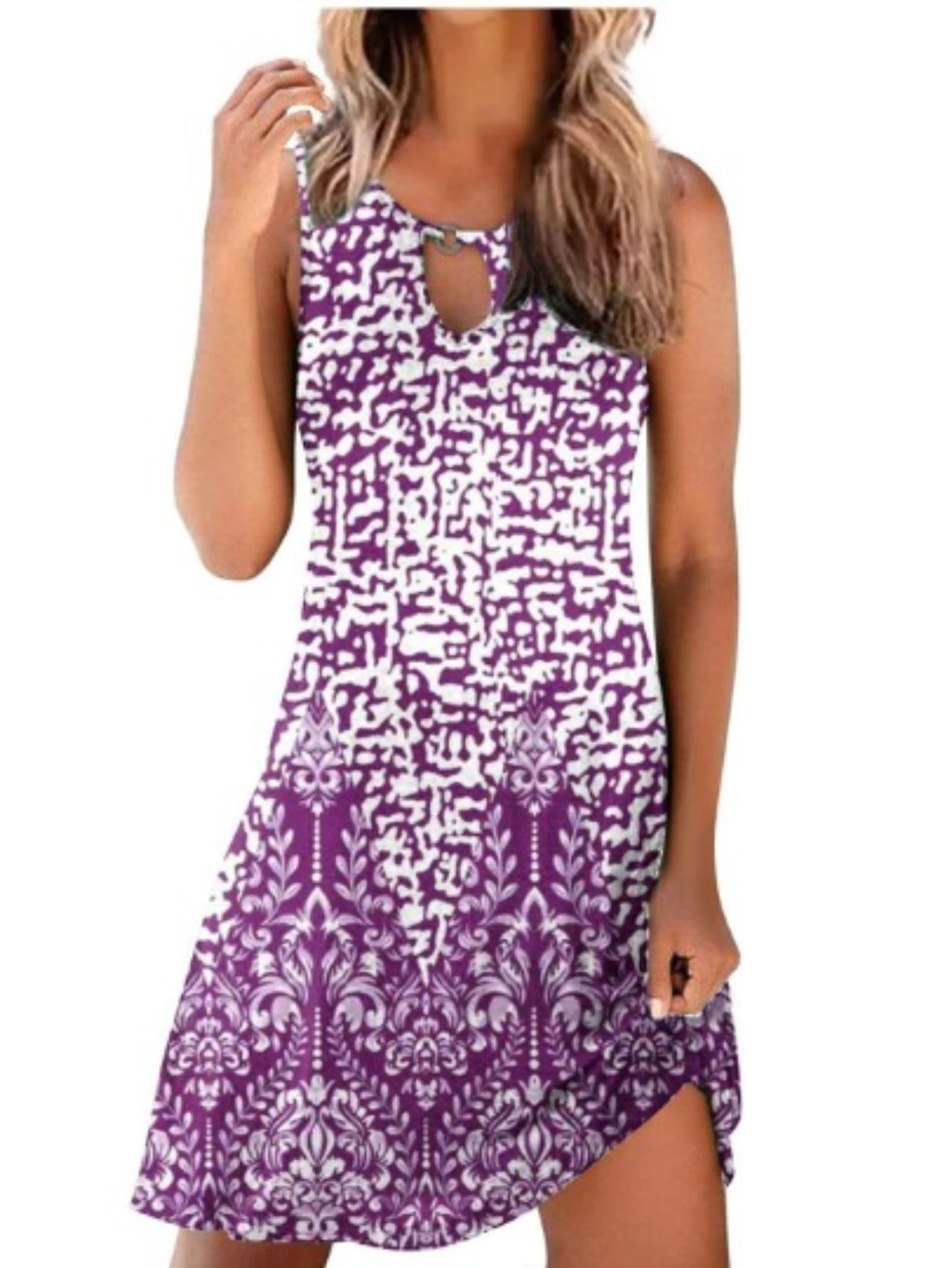 Elegant Sleeveless Dress - All-Over Keyhole Design, Flattering Crew Neckline