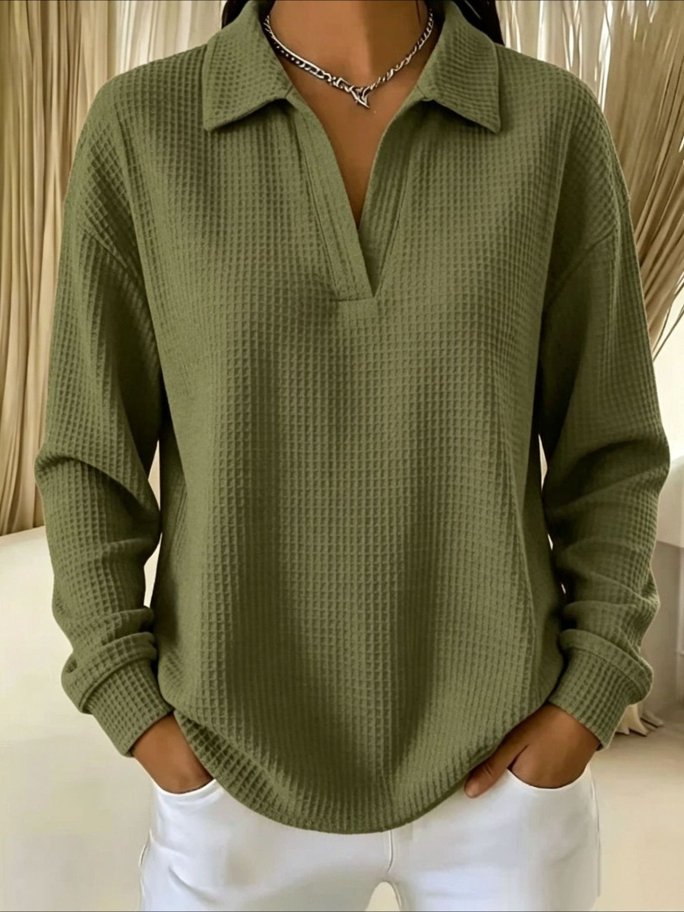 Waffle Lapel Neck Long Sleeve Polo Top