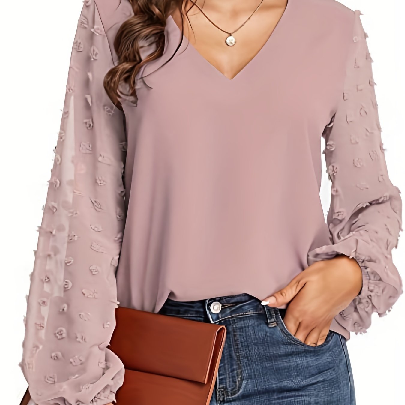 Swiss Dot Sleeve Shirt, Casual V Neck Solid Shirt