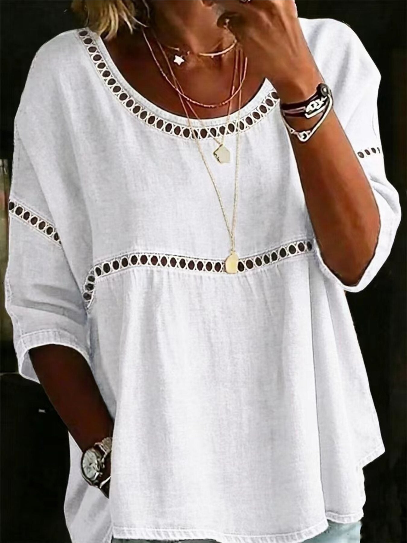 Flower Printed Mid Sleeve Pleated Round Neck Top