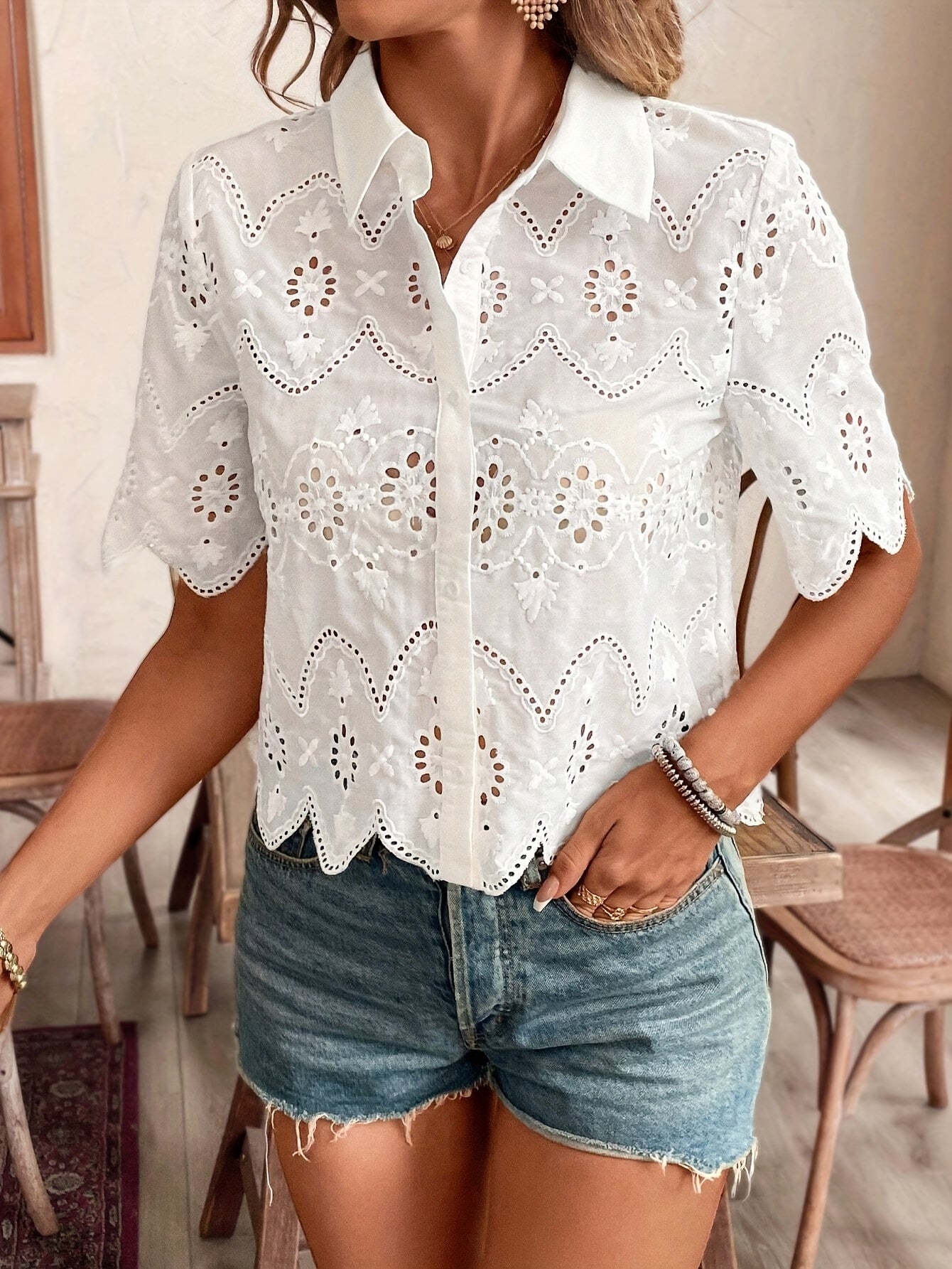 Elegant Lapel Collar Solid Color Short Sleeve Shirt with Hollow Out Design