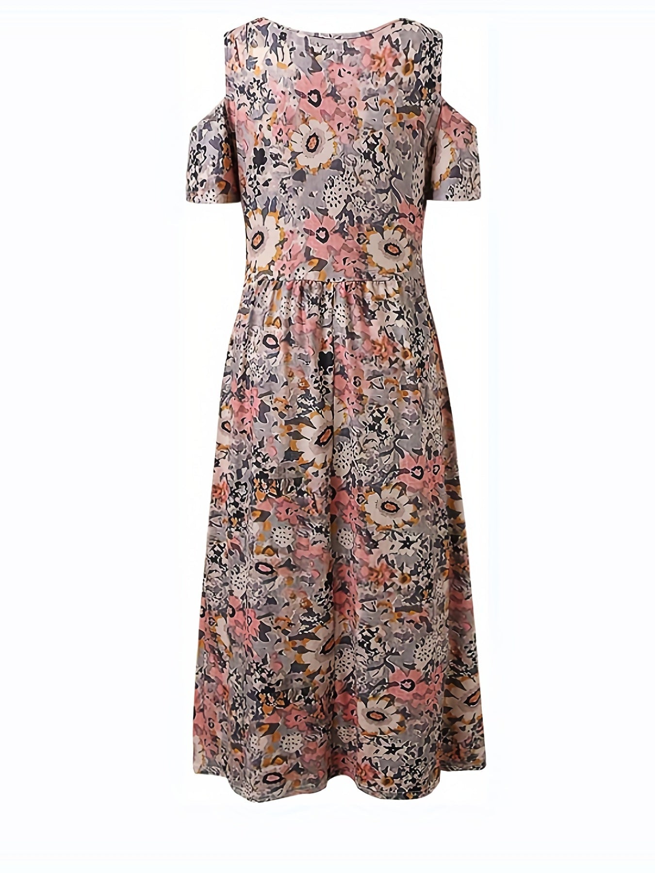 Floral Print Cold Shoulder Dress, Boho Casual V Neck Short Sleeve Ankle Dress