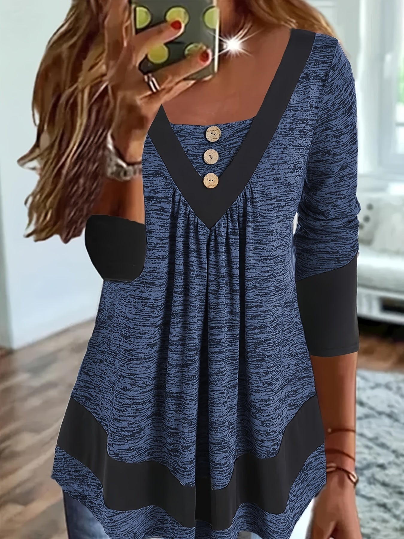 Color Block Button T-Shirt, V Neck Long Sleeve T-Shirt, Casual Every Day Tops