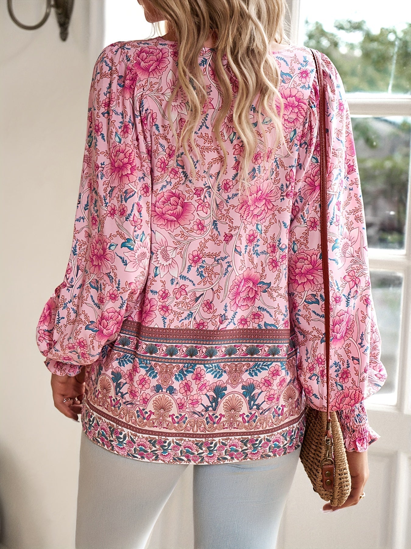 Drawstring Long Sleeve Casual Floral Print V Neck Blouse
