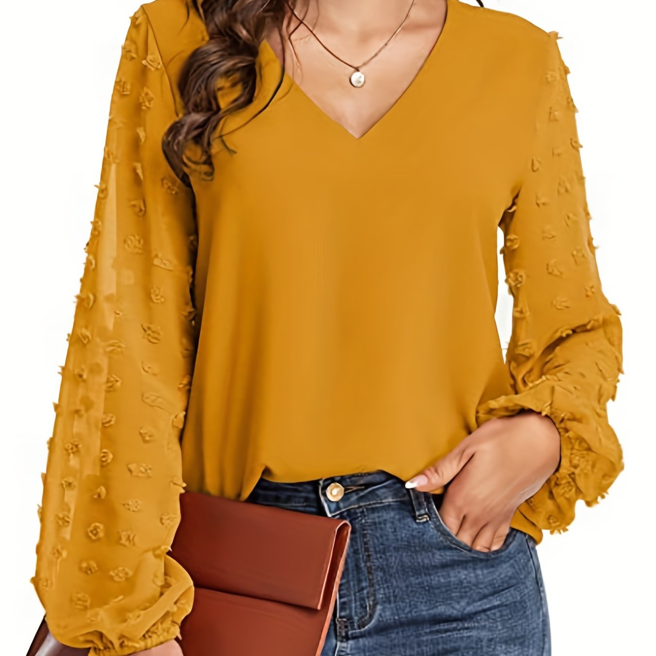 Swiss Dot Sleeve Shirt, Casual V Neck Solid Shirt