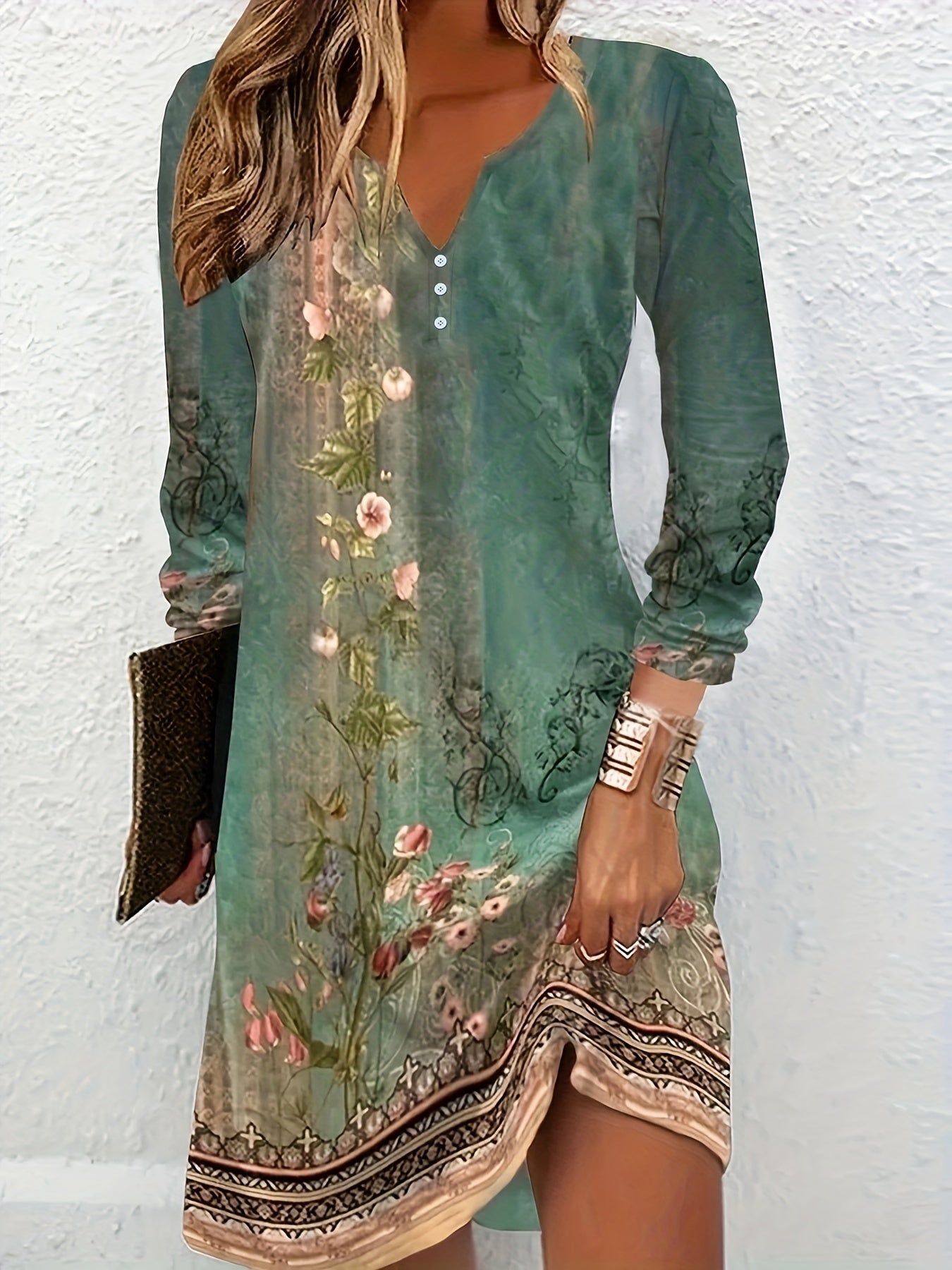 Floral Print Notched Neck Dress, Vintage Long Sleeve Mini Dress