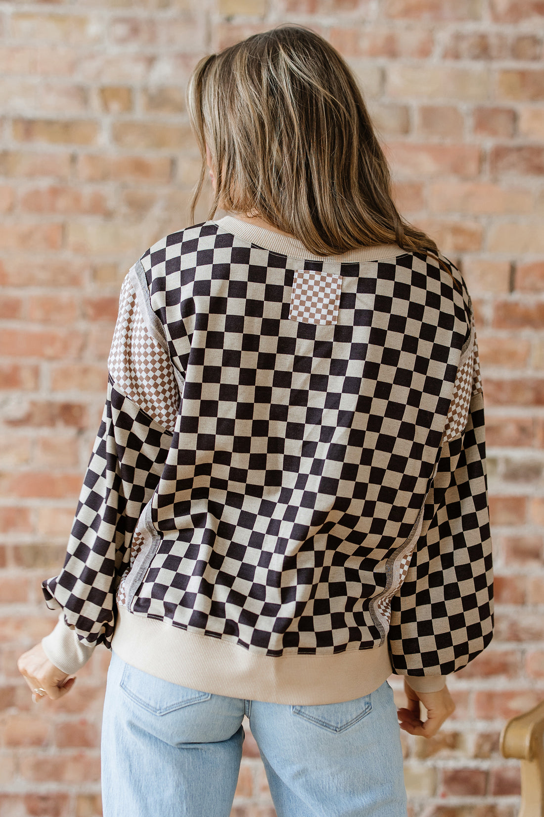 Khaki Mixed Checkered Pattern Patchwork High Low Casual Top