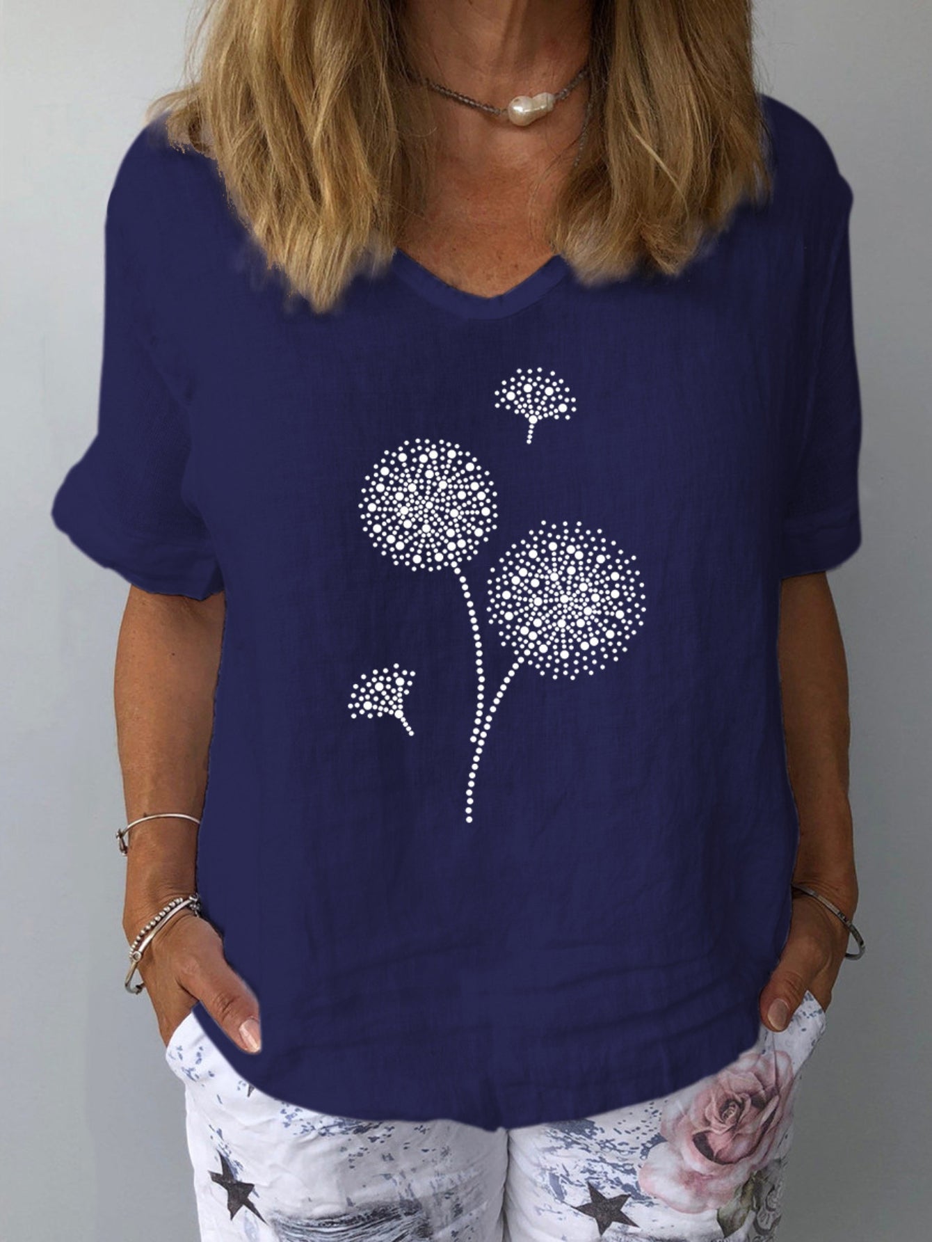 Women's Short Sleeve V-neck Tunic Printed Pullover T-shirts