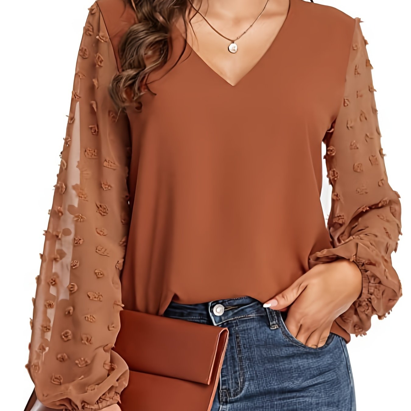 Swiss Dot Sleeve Shirt, Casual V Neck Solid Shirt