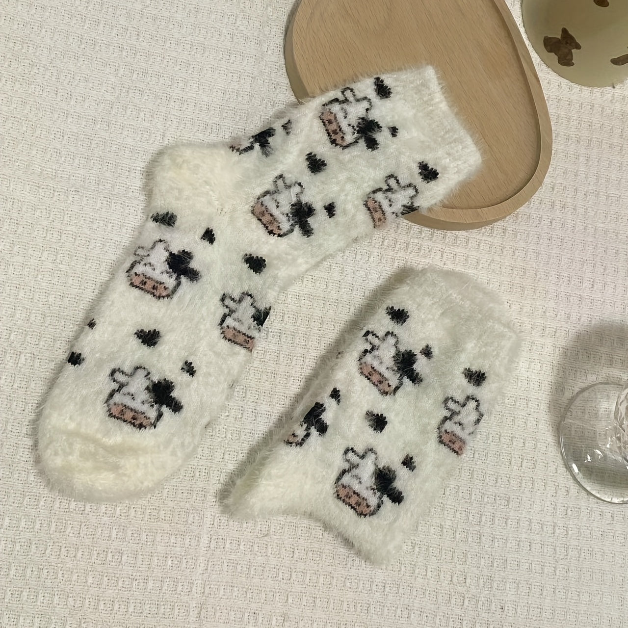 Cute Cow Spots Print Socks, Thickened & Warm Coral Fleece Socks