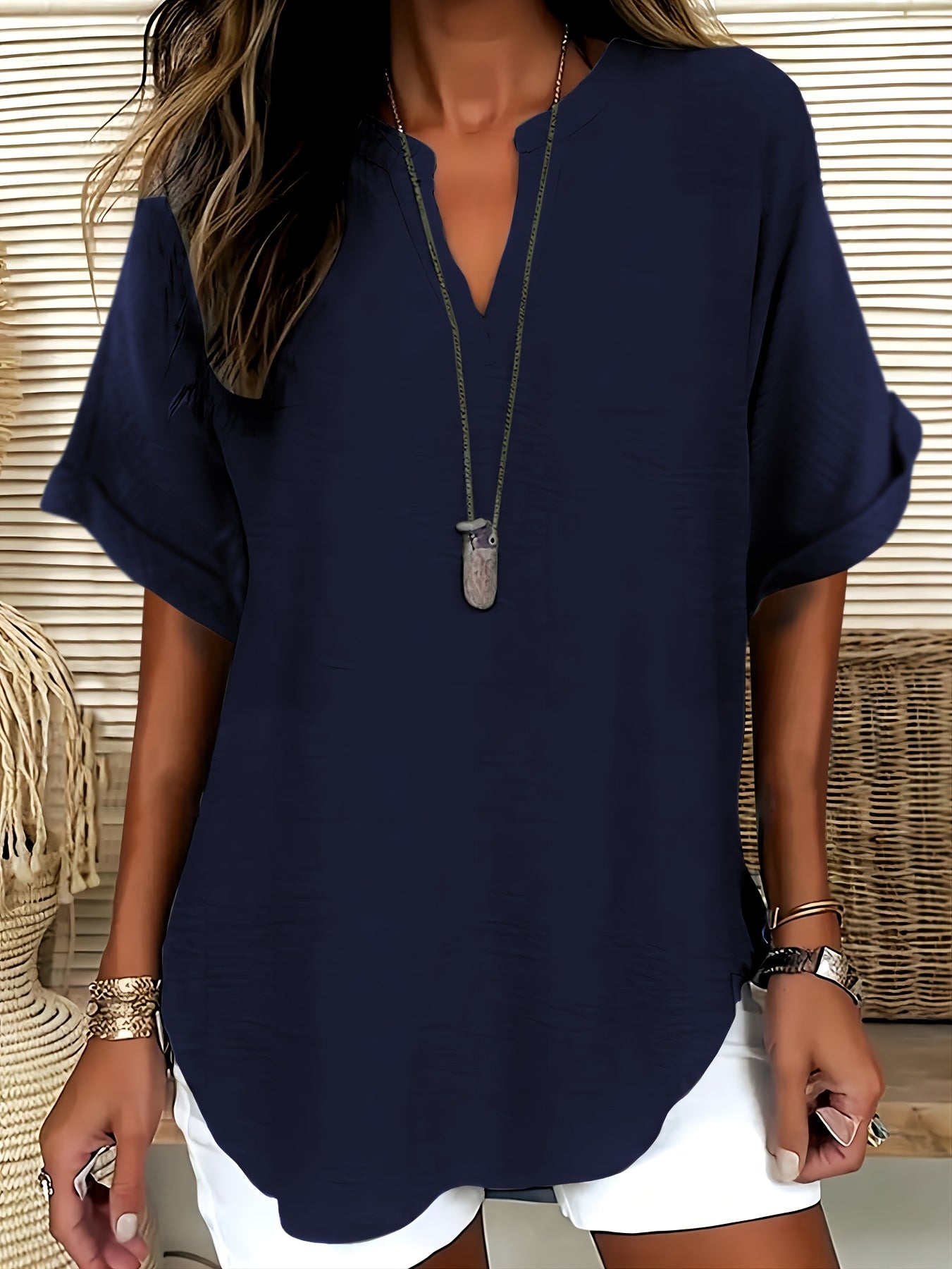 V-Neck Drop Shoulder Solid Color Loose Short Sleeve Shirt