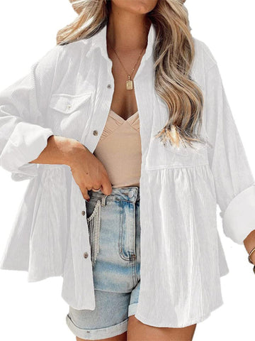 Corduroy Lapel Pocket Jacket, Casual Long Sleeve Button Down Fashion Single Breasted Loose Outerwear