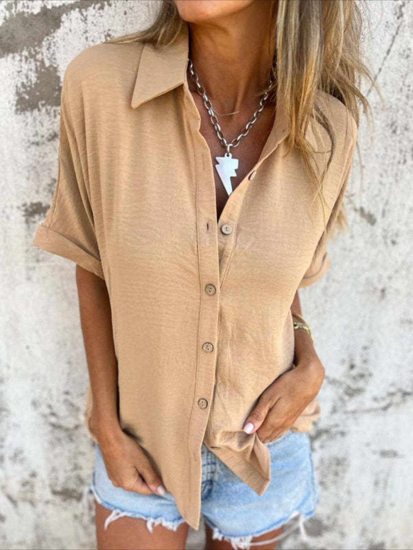 Casual Button Collared Short Sleeve Tunic Tops with Pocket