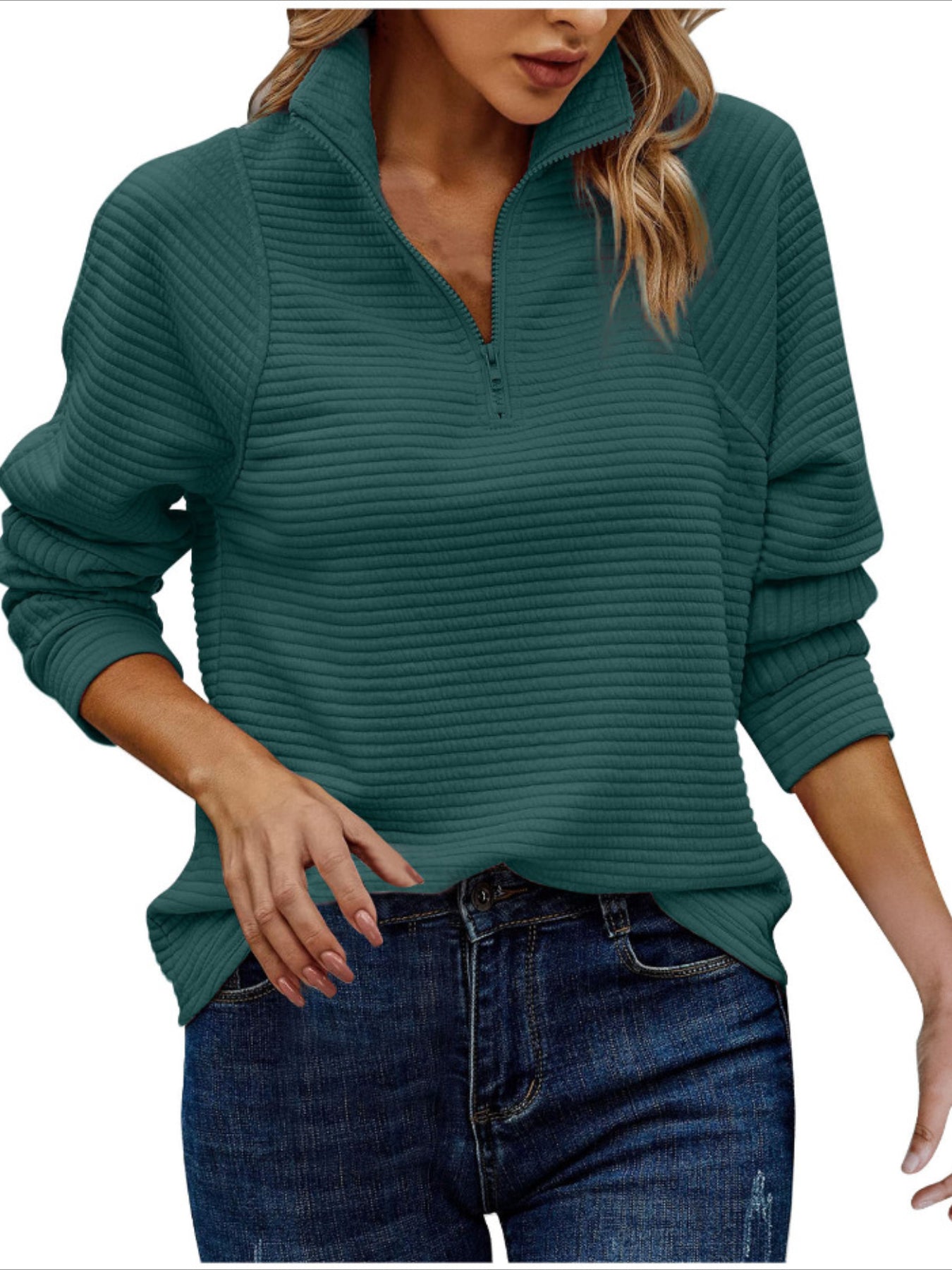 Long Sleeve Solid Color Funnel Neck Zipper Textured Sweatshirt - Soft Non-Stretch Polyester Fabric, Regular Fit, Half Placket, Casual Style