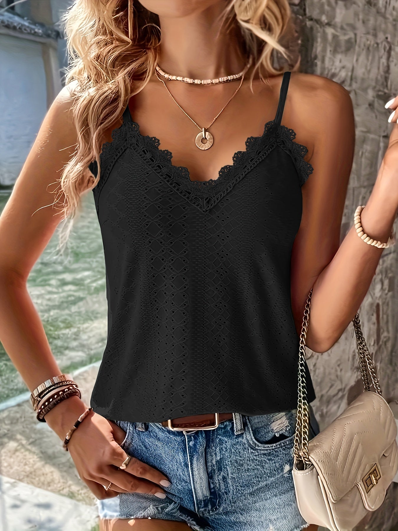 Solid Lace Stitching Eyelet Top, Vintage V-neck Sleeveless Cami Top
