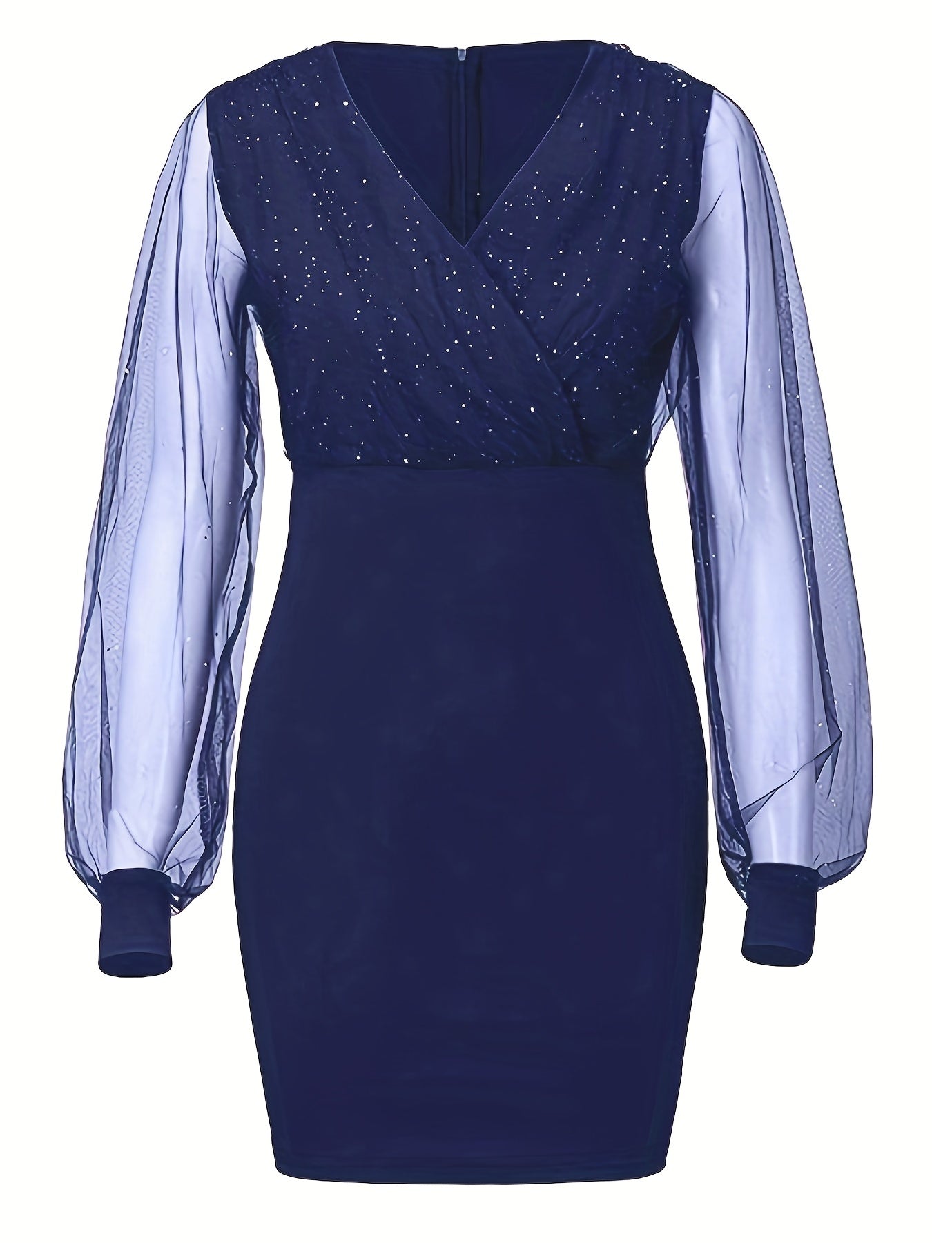 Solid Sequin Stitching Lace Long Sleeve Dress, Elegant Mesh Slim Sexy Party Dress