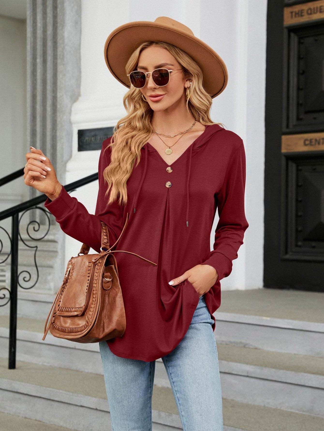 Solid Color Drawstring Button Hoodie, Casual Long Sleeve Hoodie Sweatshirt