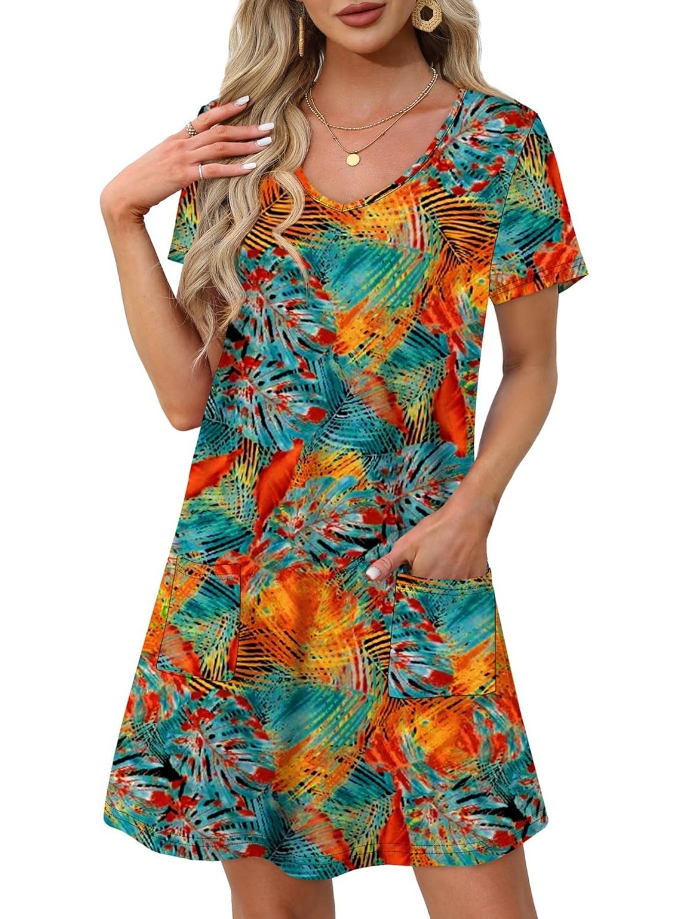 Loose V Neck Short Sleeve Casual T Shirt Dress