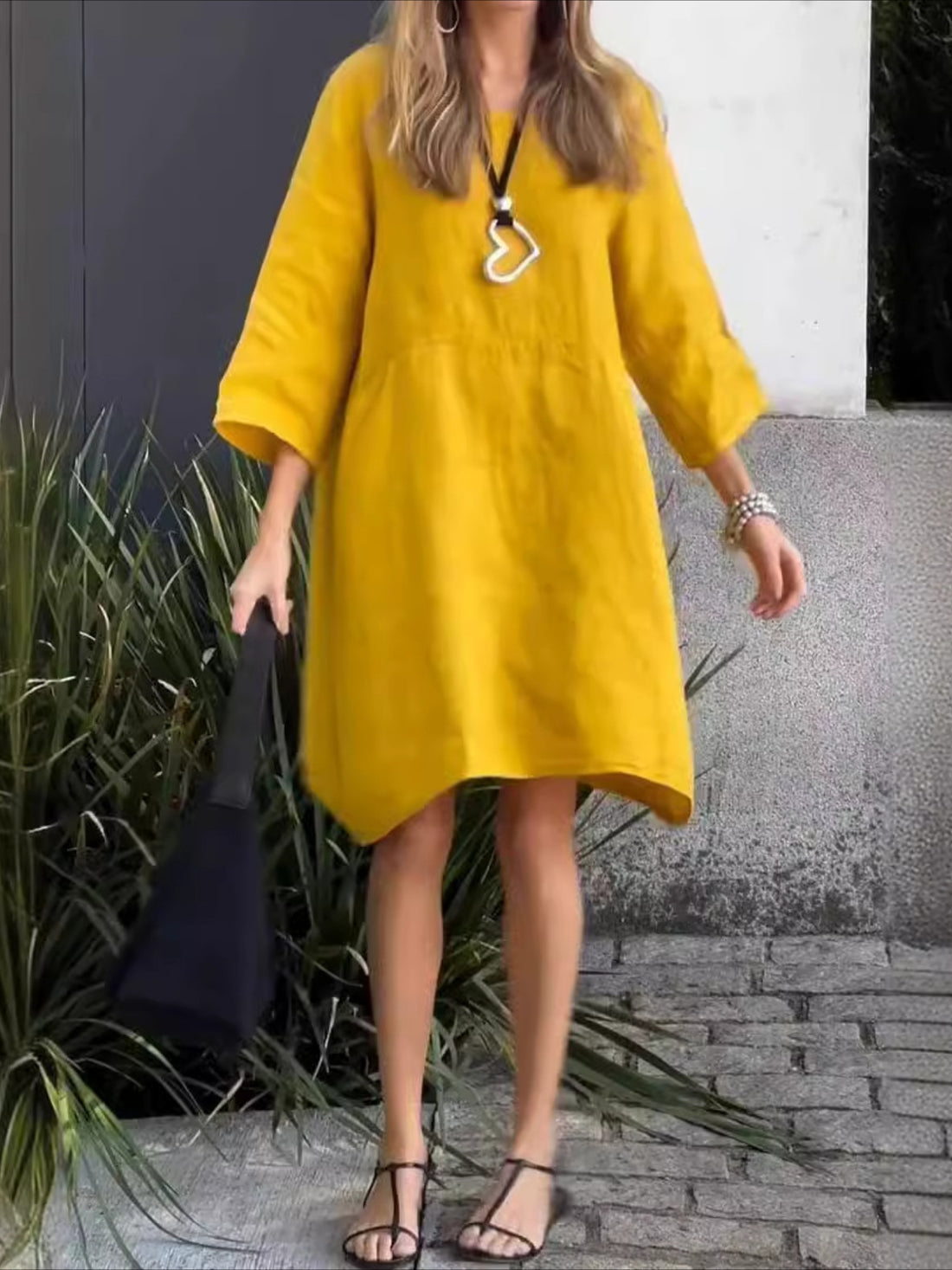 Loose Casual Cotton And Linen Plain Sweashirt Dress