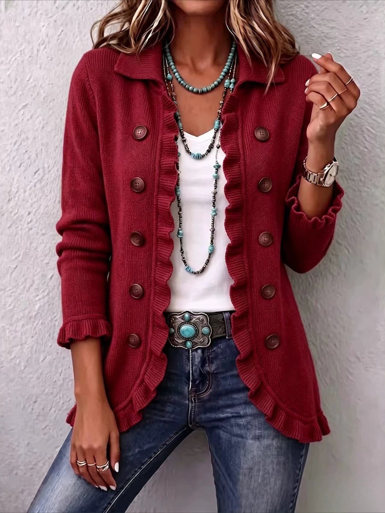 Solid Color Long Sleeve Ruffle Edge Button-knitted Cardigan