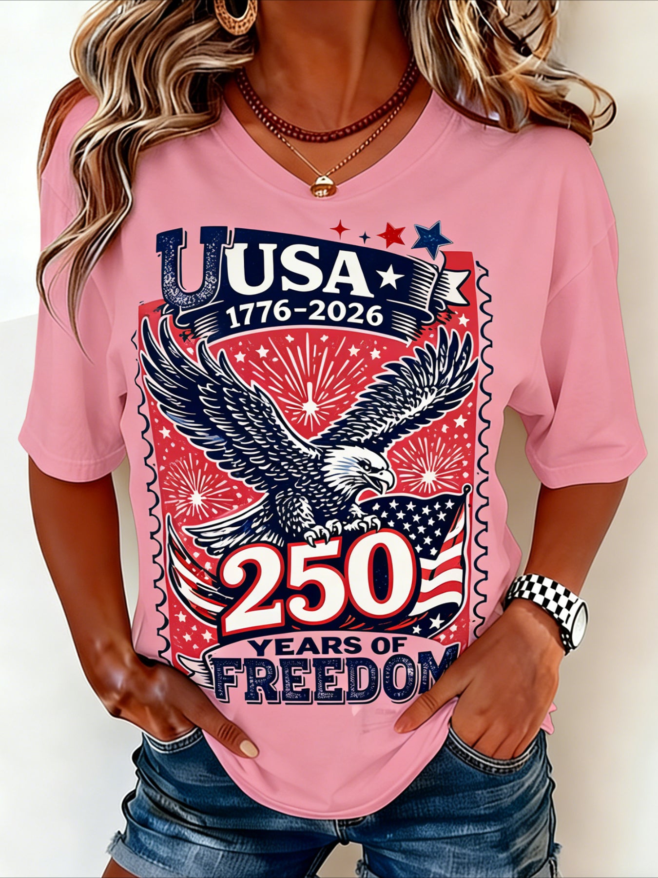 Casual Vintage America 250 Years Printing Crew Neck Short Sleeve T-shirt