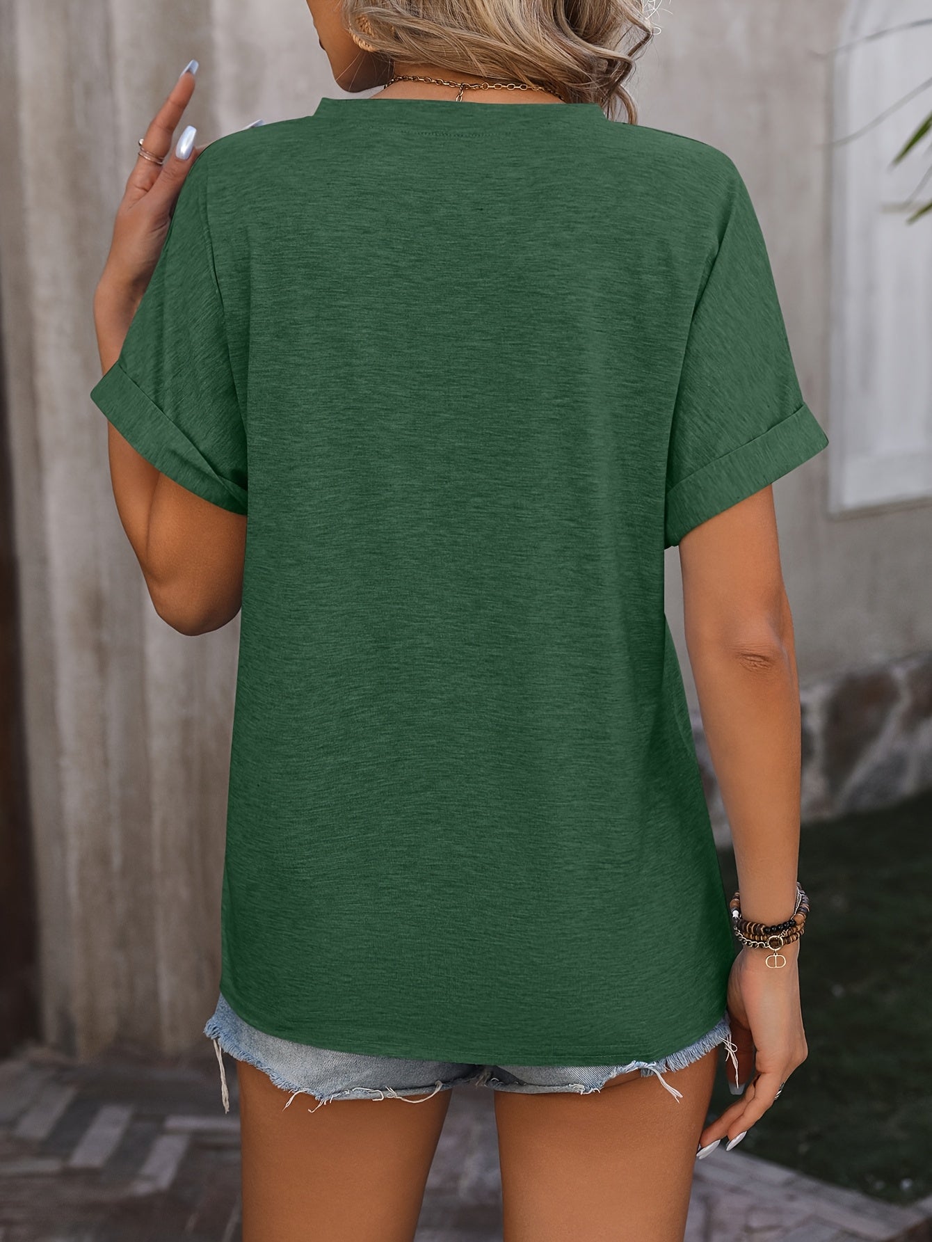 Casual V-neck Button Pure Color Loose Short-sleeved T-shirt