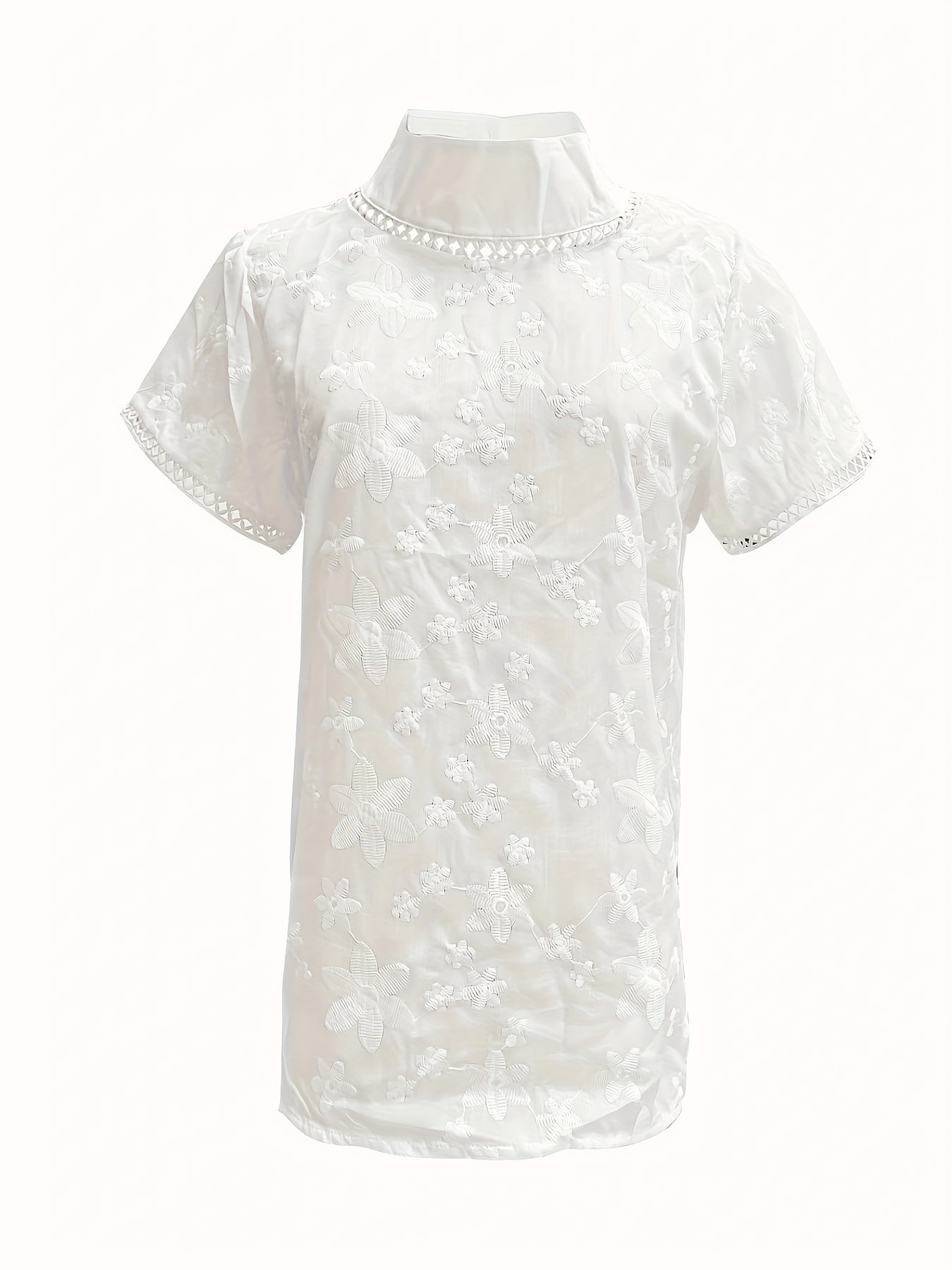 Stand Collar Floral Jacquard Short Sleeve Round Neck Blouse