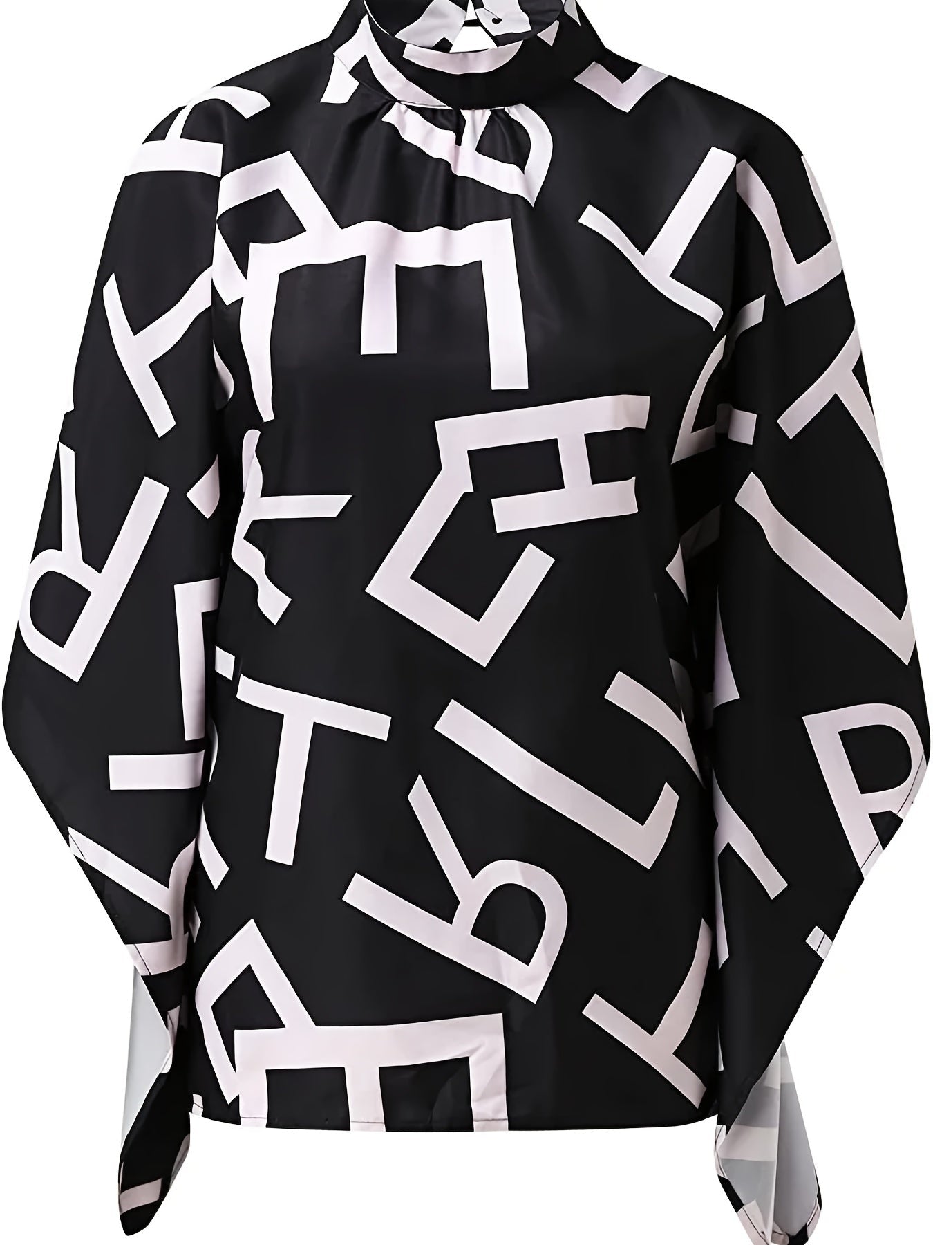 Asymmetrical High Neck Batwing Sleeve Shirt, Letter Print Elegant Summer Stretchy Shirt