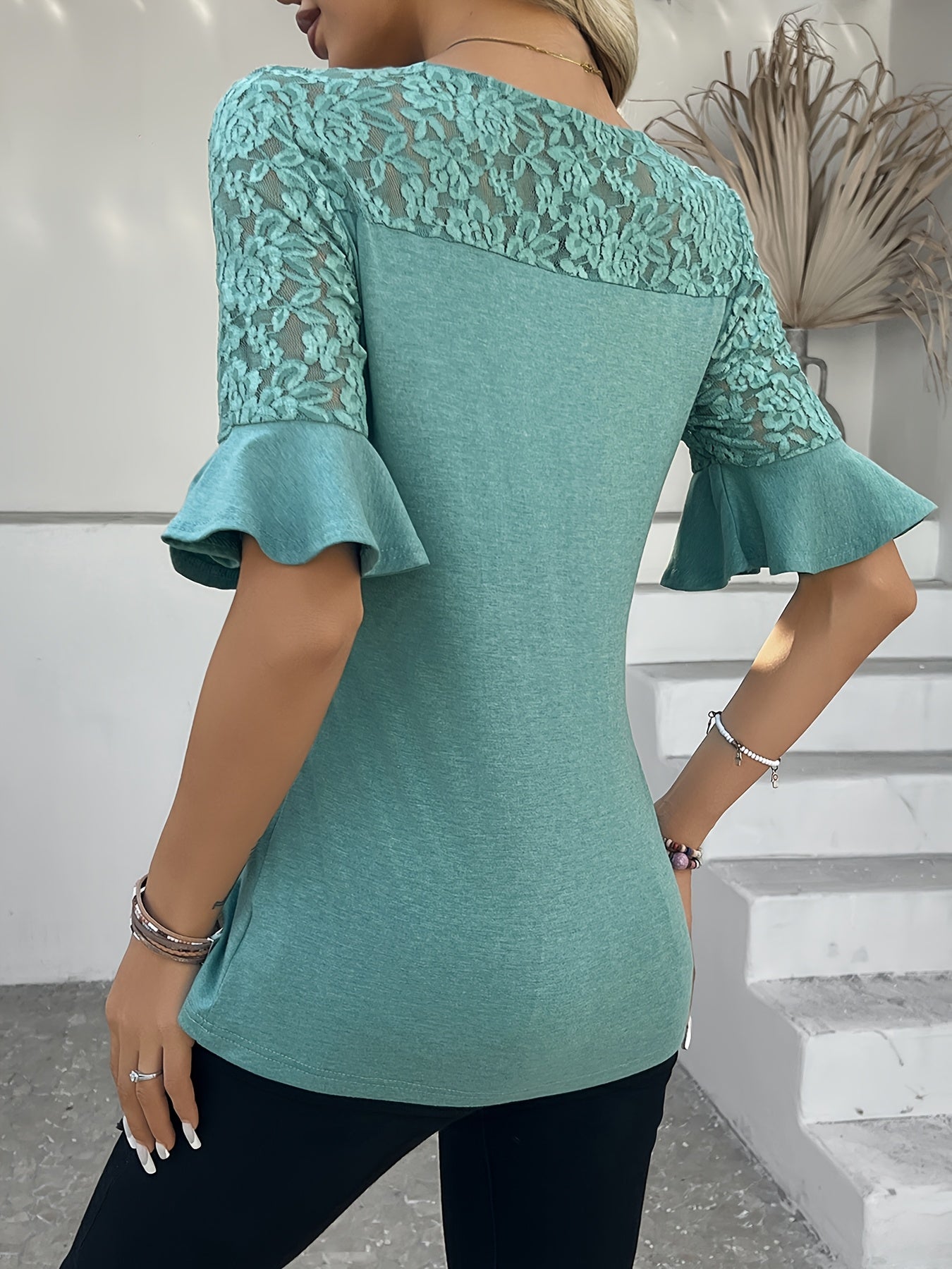 Elegant Pink Knit Crew Neck Fashion Lace Detail and Ruffled Sleeves T-Shirt