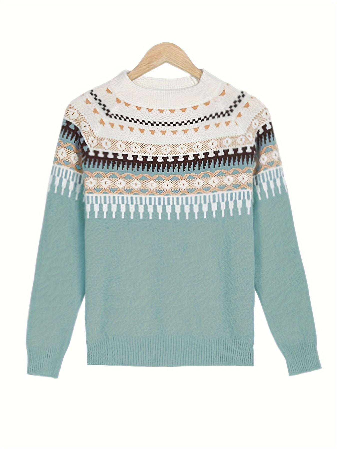 Cozy Chic Knit  Crew Neck Long Sleeve Pullover with Ethnic Pattern Sweater