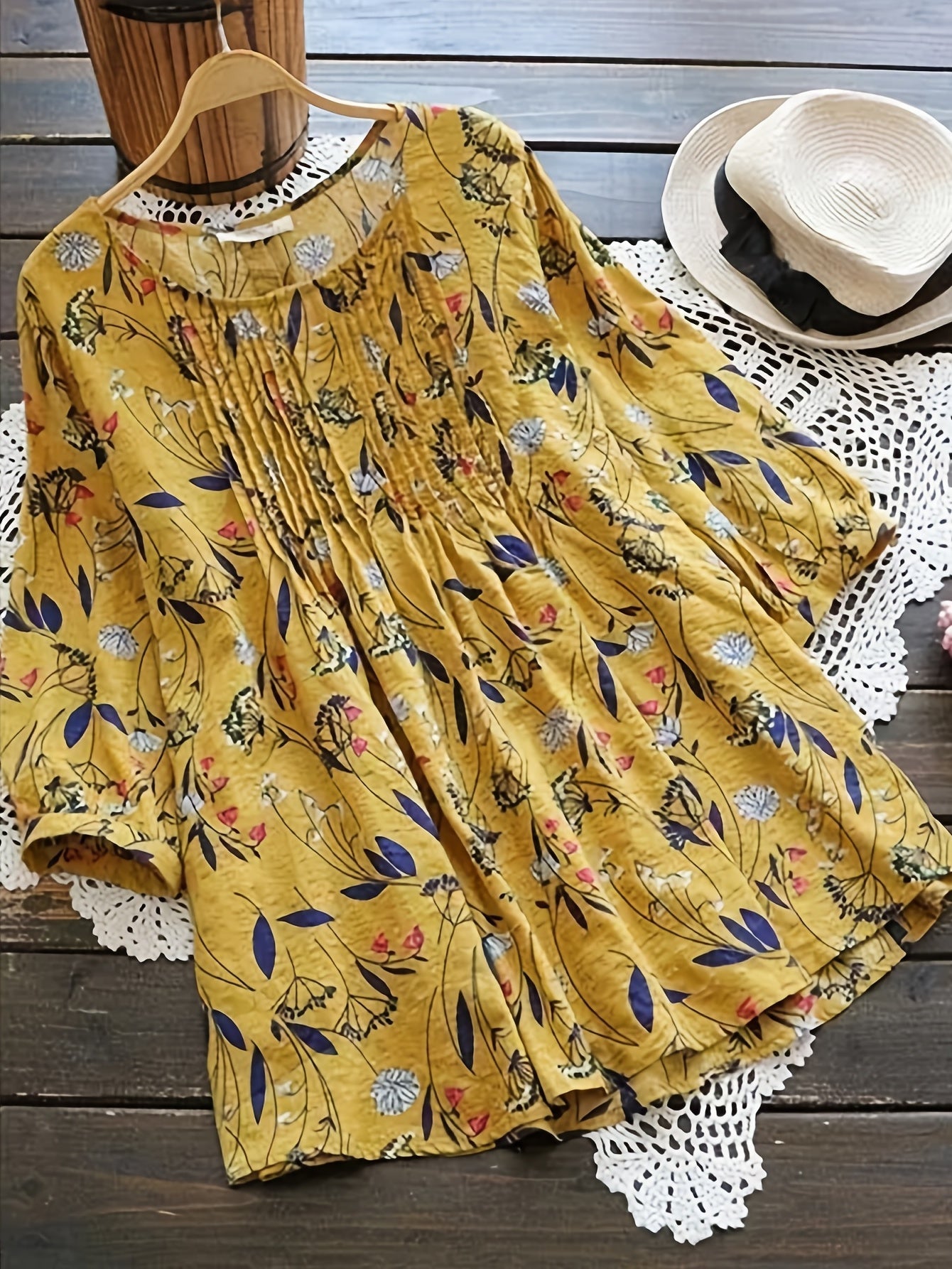 Floral Print Shirt - 3/4 Sleeve, Shirred Round Neck, Loose Fit, Ruffled Blouse