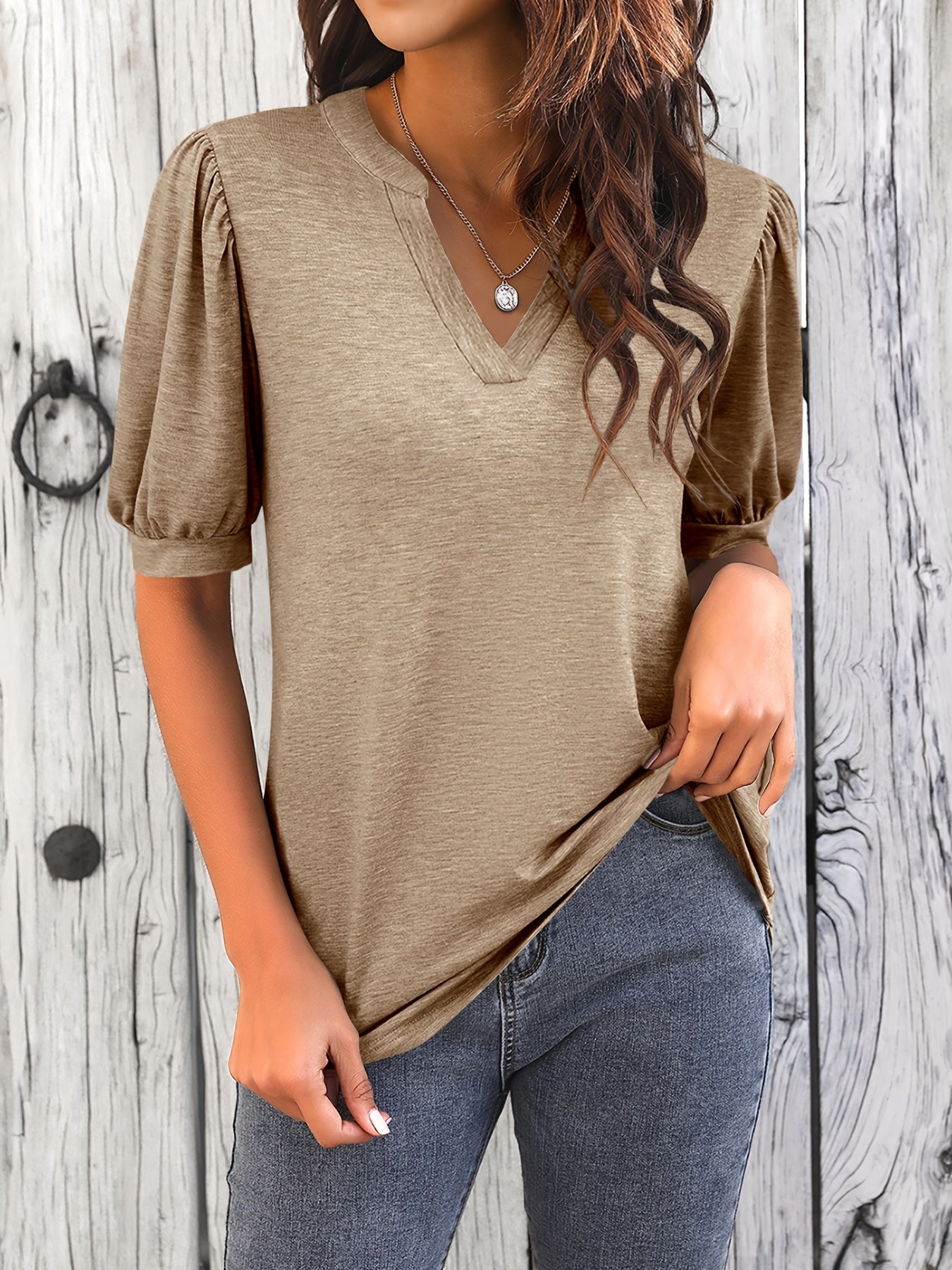 Solid Puff Sleeve T-Shirt, V Neck Short Sleeve T-Shirt, Casual Every Day Tops