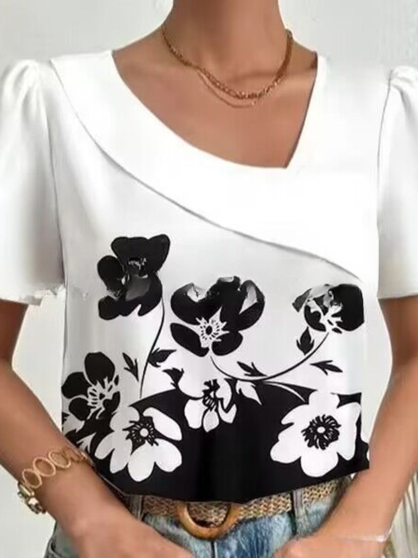 Solid Asymmetrical Blouse, Casual V Neck Short Sleeve Comfy Blouse