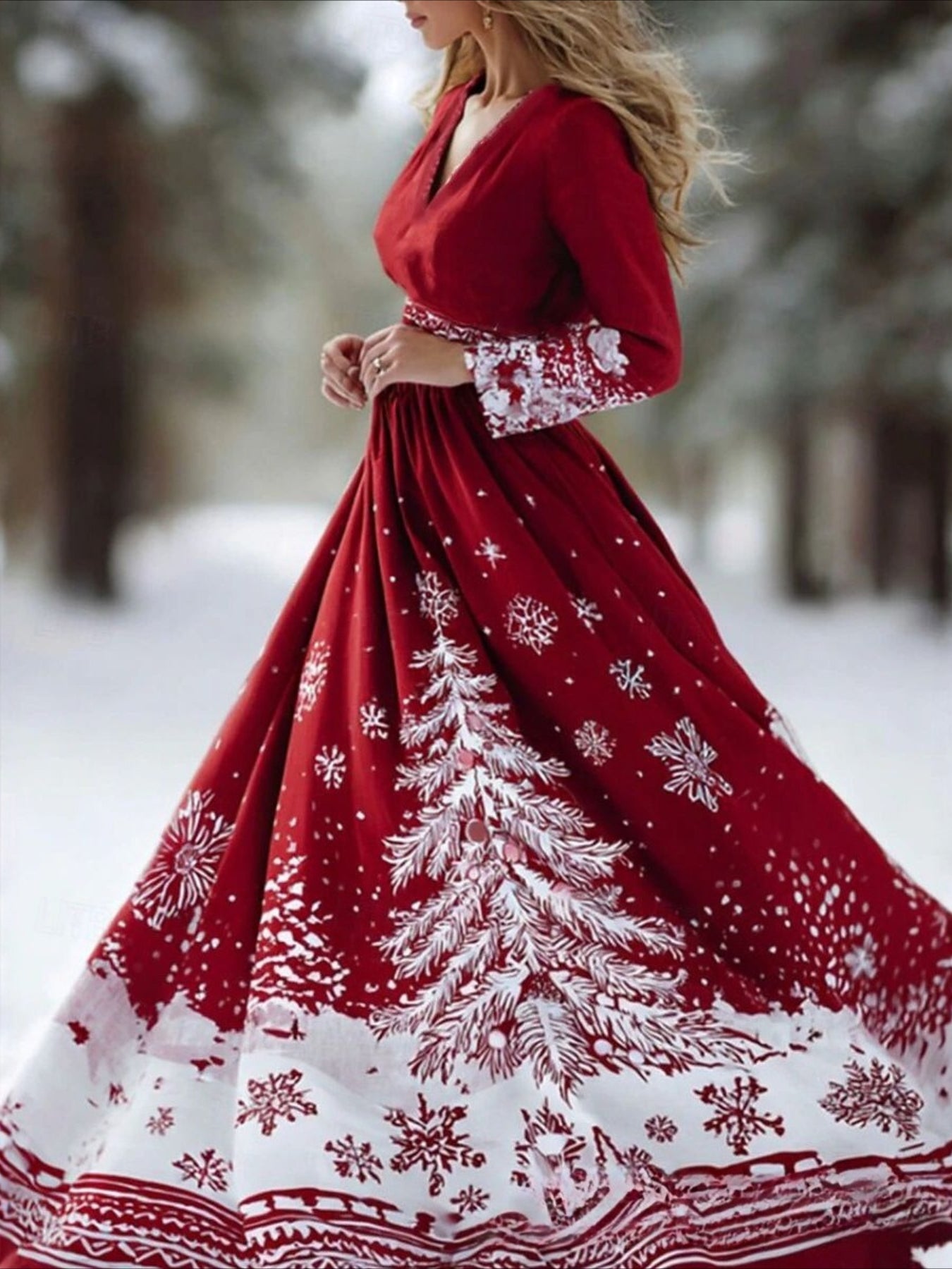 Christmas Pleated Party Long Sleeve V Neck Maxi Dress