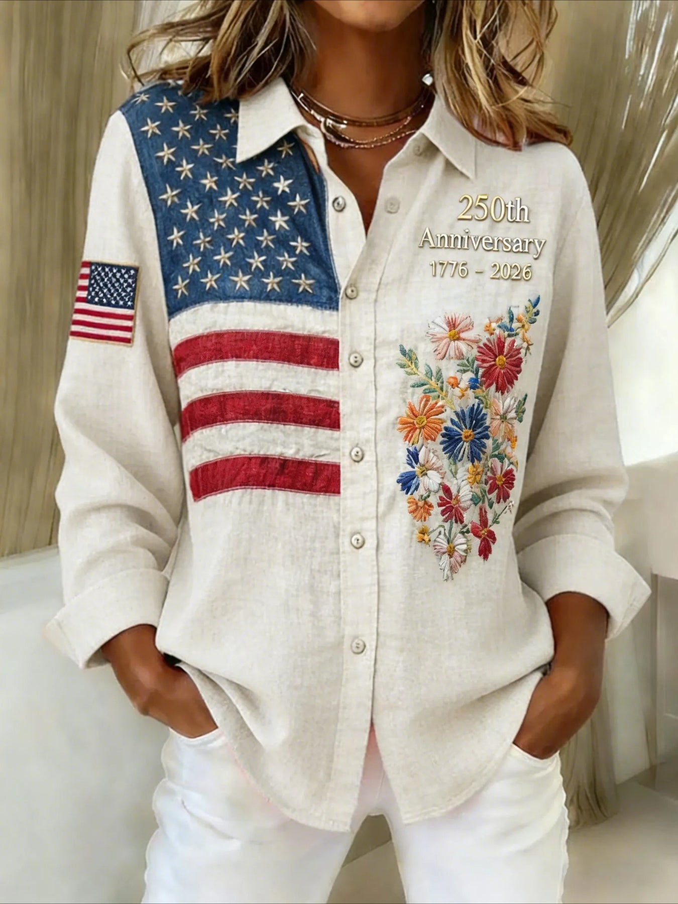 American Flag & Floral Print Button Long Sleeve Voluminous Pleated Collar Blouse