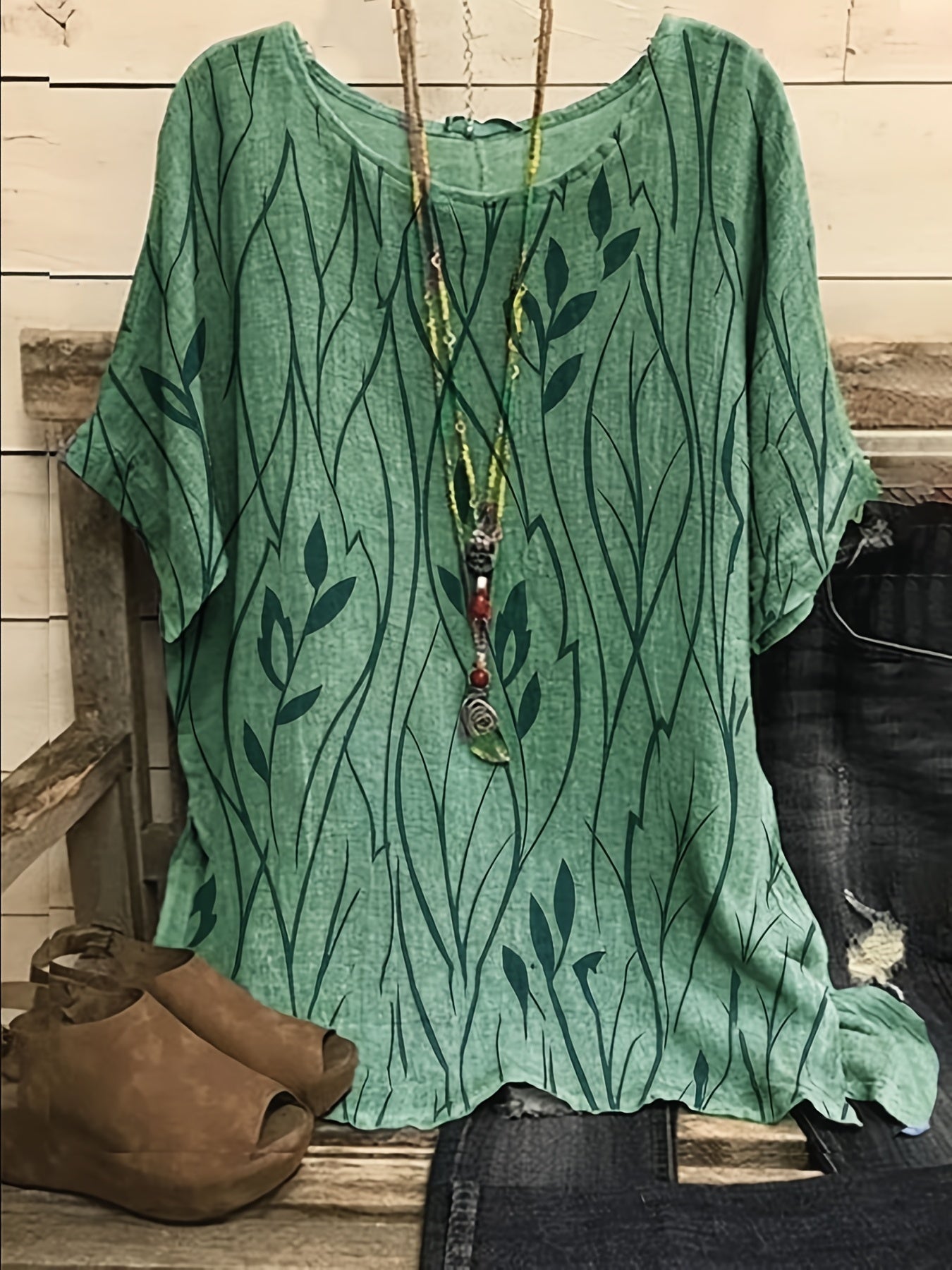 Print Crew Neck Blouses, Casual Loose Half Sleeve Fashion Shirts Tops, Women's Clothing