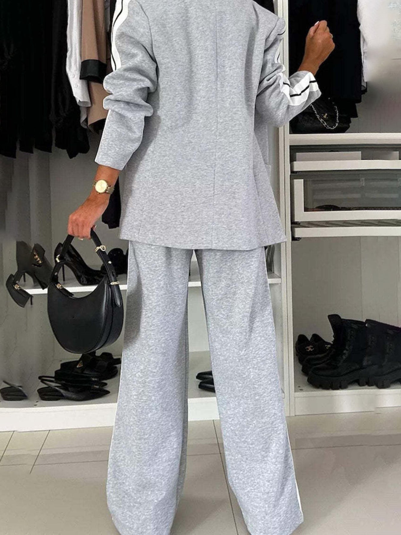 Full Size Contrast Lapel Collar Top and Pants Set