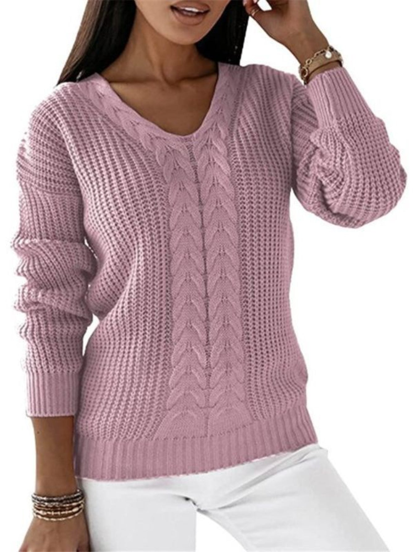 Cable Knit V Neck Sweater, Casual Long Sleeve Sweater