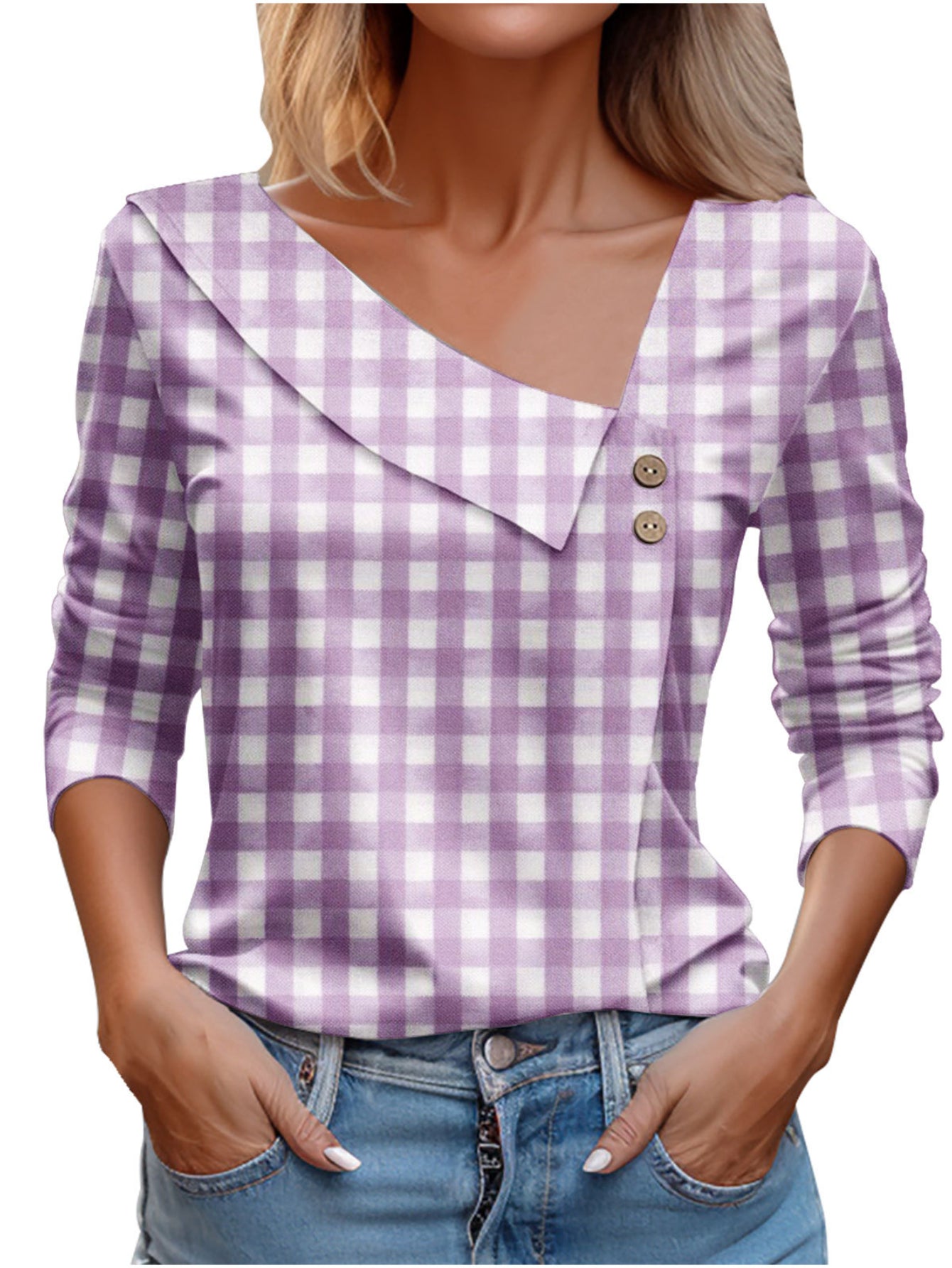 Chic Plaid Print Elegant Long Sleeve V-Neck T-Shirt